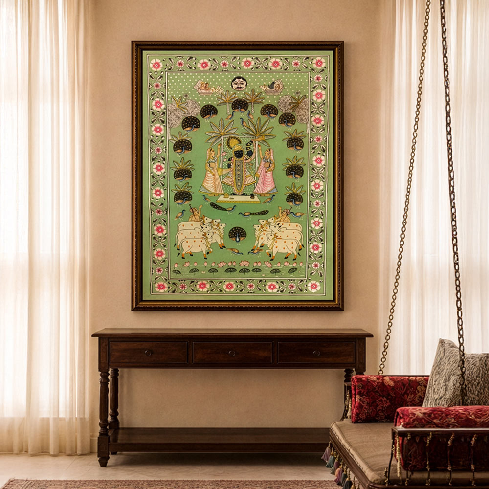 Shrinathji Pichwai Painting – Traditional Nathdwara Krishna Art with Peacocks & Cows