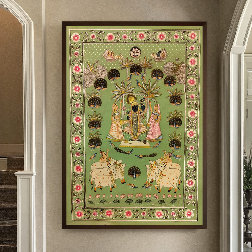 Shrinathji Pichwai Painting – Traditional Nathdwara Krishna Art with Peacocks & Cows