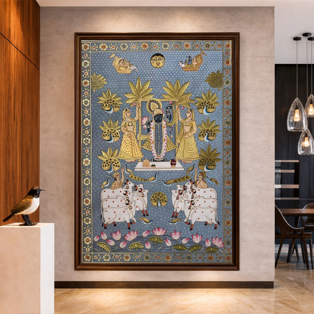 Original Handmade Shrinathji Kamadhenu Pichwai Painting (3x4 Ft) – Sacred Vastu Wall Art