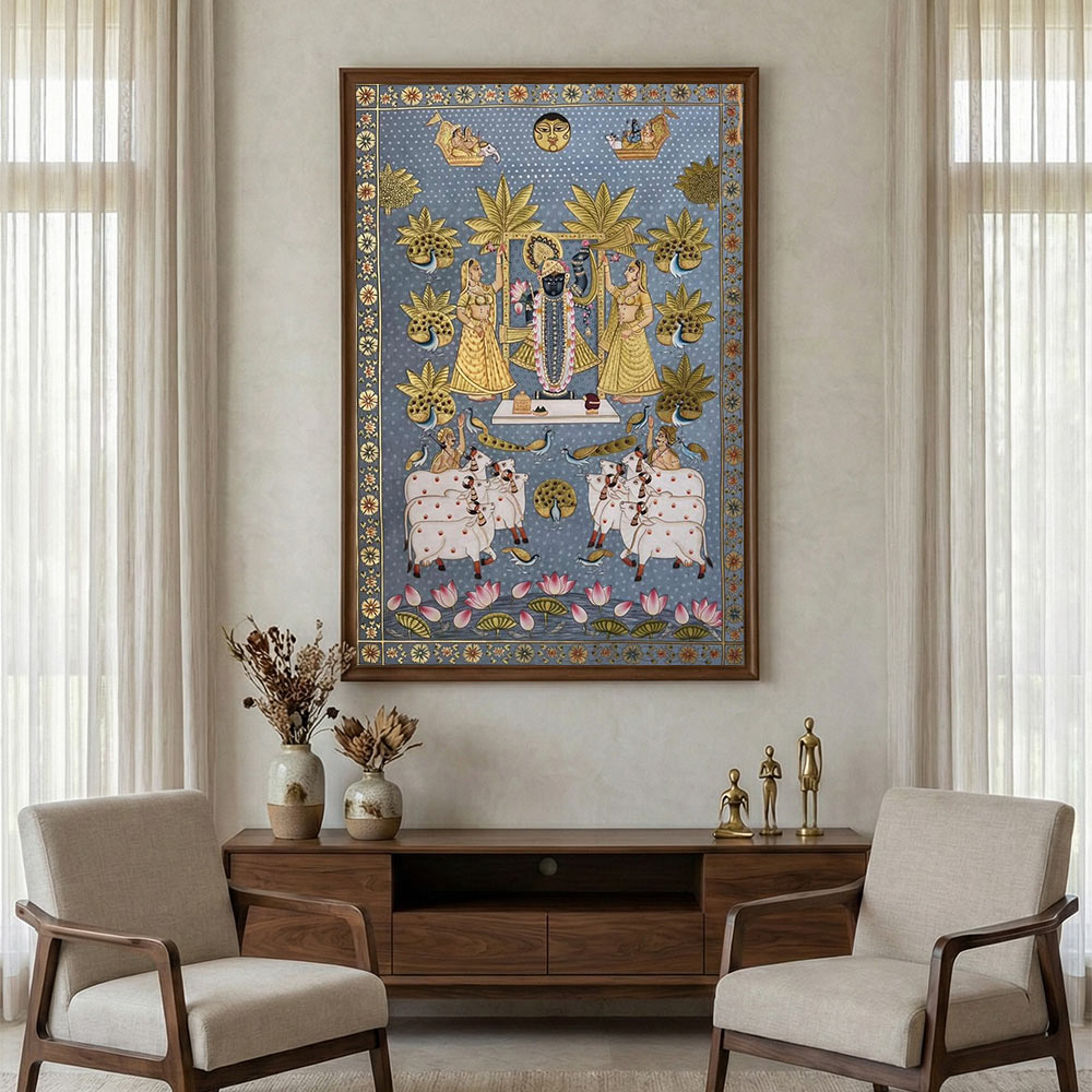 Original Handmade Shrinathji Kamadhenu Pichwai Painting (3x4 Ft) – Sacred Vastu Wall Art