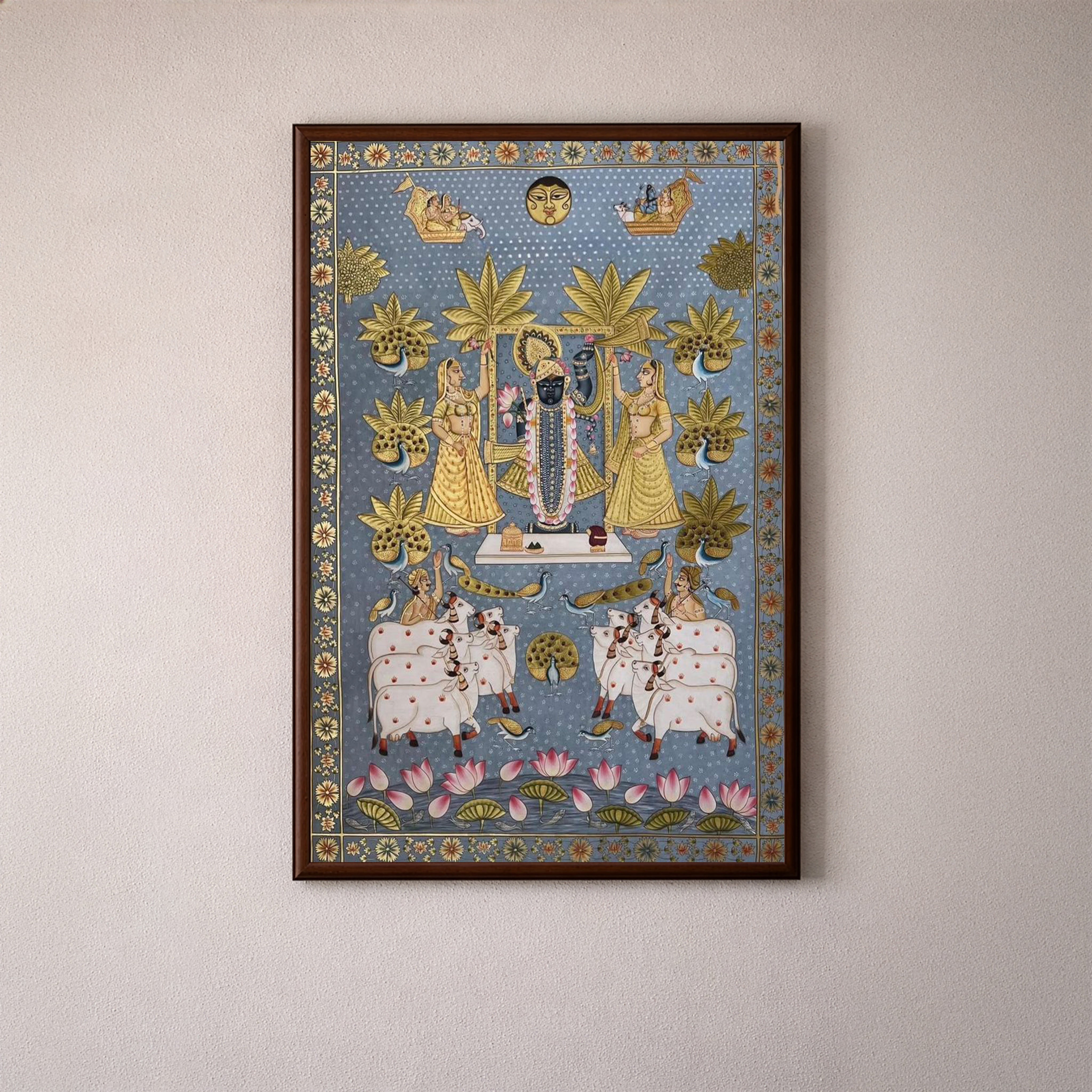 Original Handmade Shrinathji Kamadhenu Pichwai Painting (3x4 Ft) – Sacred Vastu Wall Art