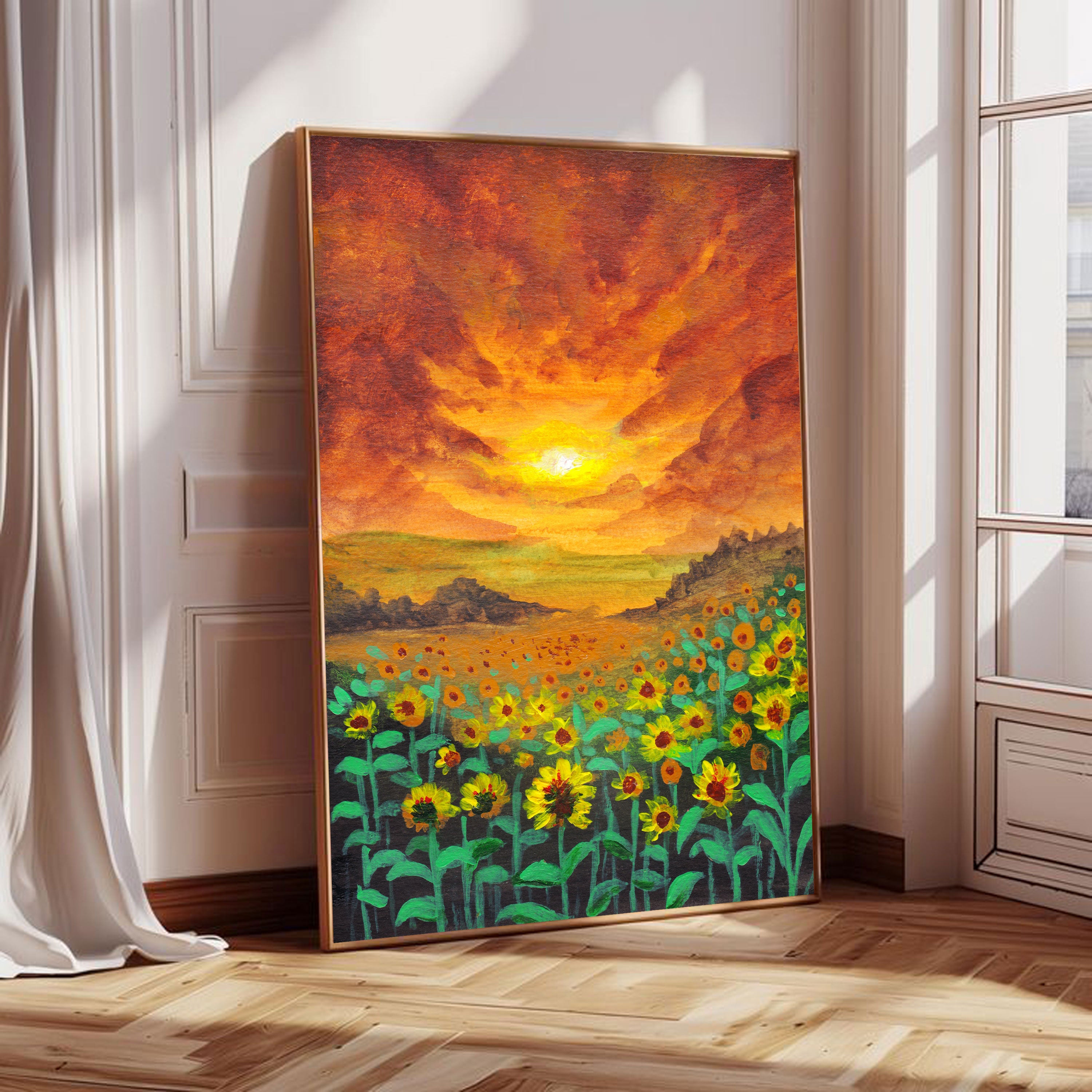Sunflower Field Canvas Painting – Vibrant Nature Wall Painting with Sunset.