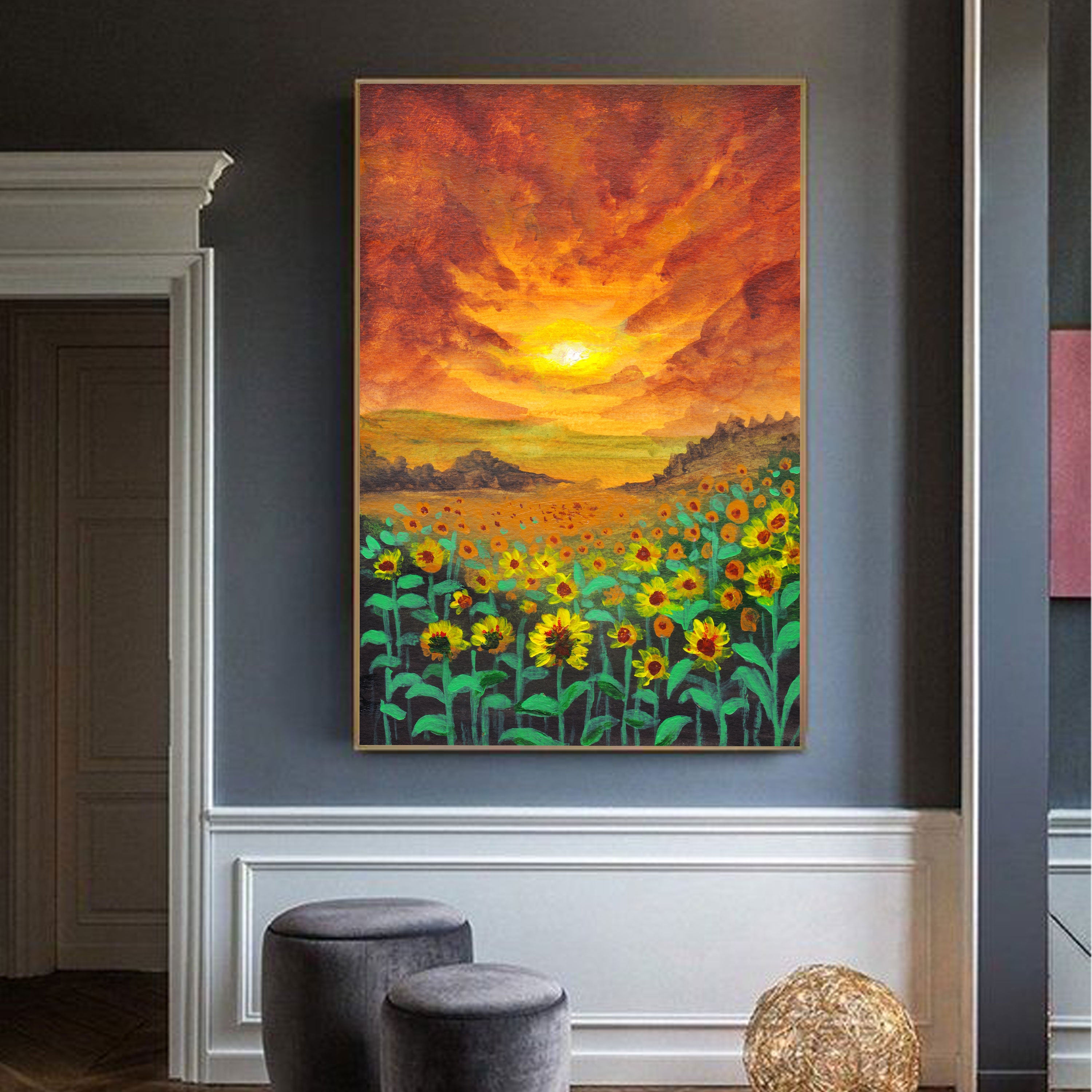 Sunflower Field Canvas Painting – Vibrant Nature Wall Painting with Sunset.