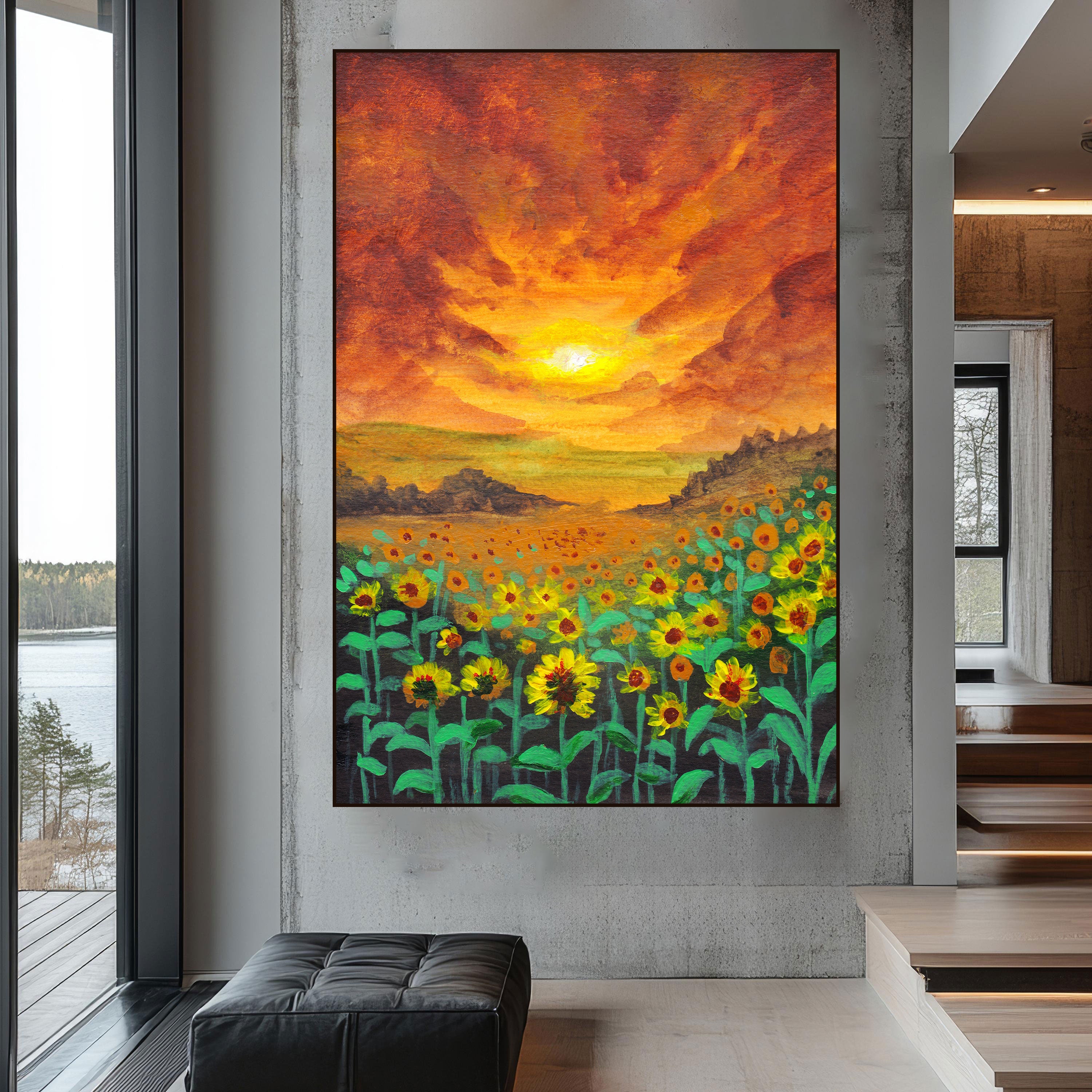 Sunflower Field Canvas Painting – Vibrant Nature Wall Painting with Sunset.