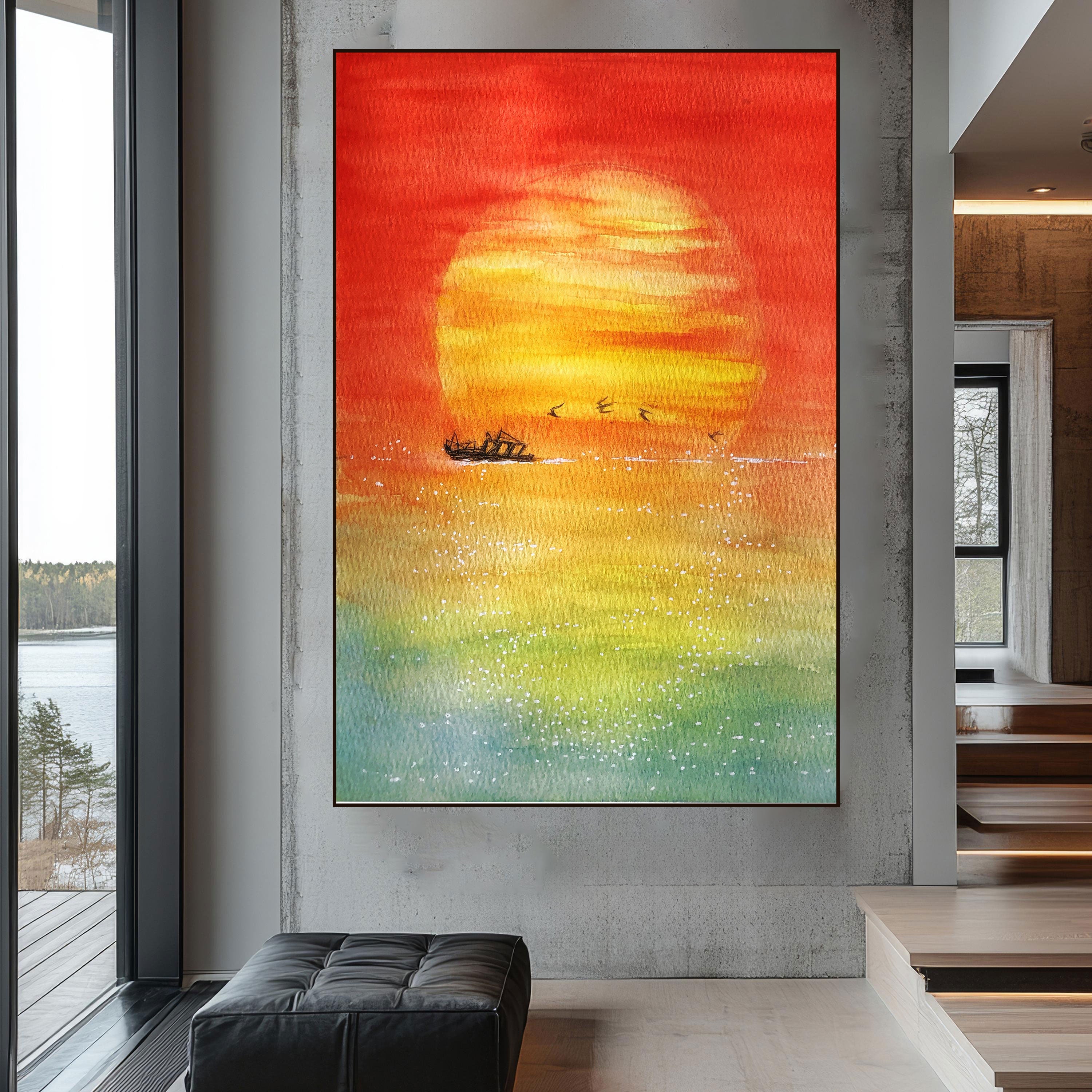 Sunset Serenity Canvas Painting – Vibrant Nature Wall Painting with Boat.