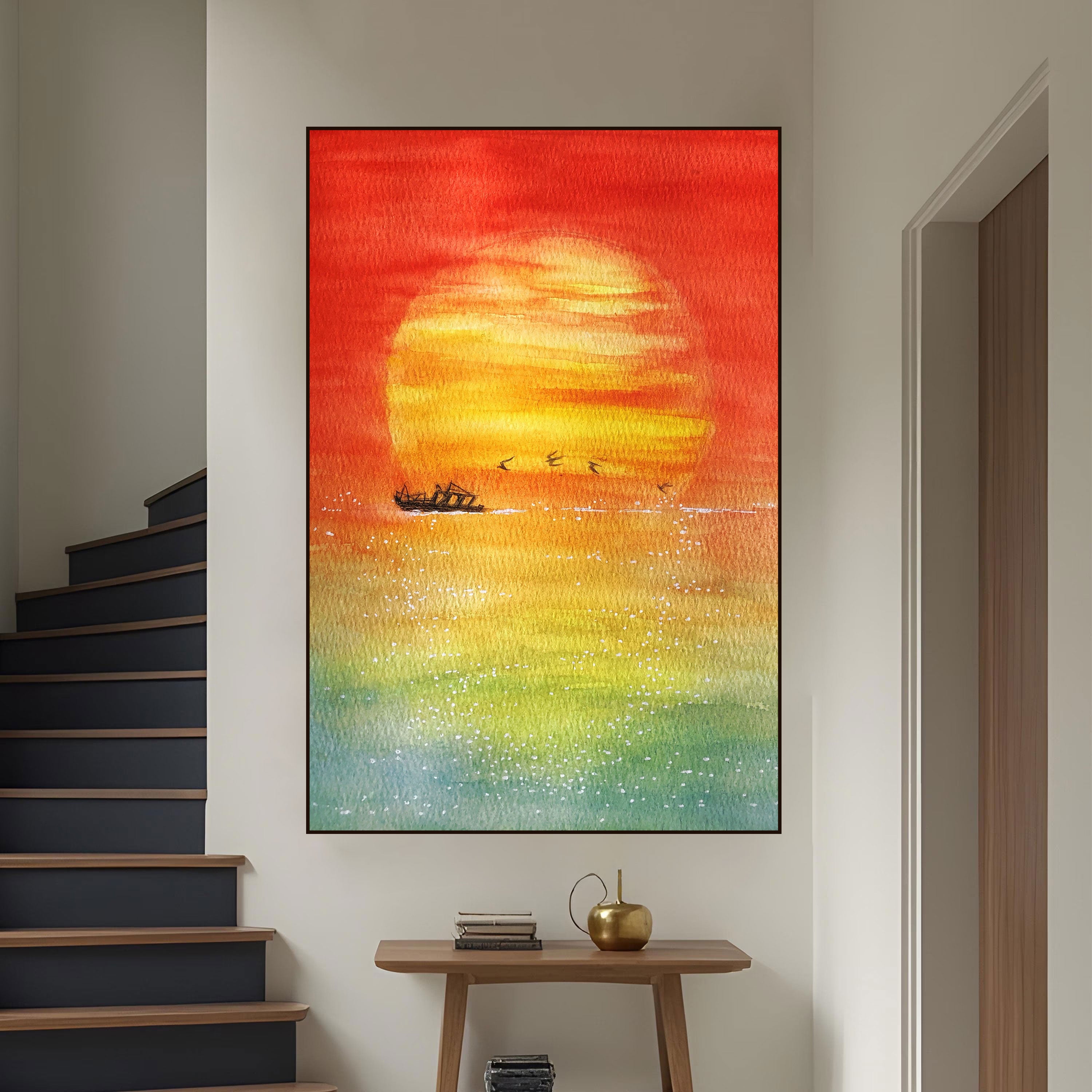 Sunset Serenity Canvas Painting – Vibrant Nature Wall Painting with Boat.