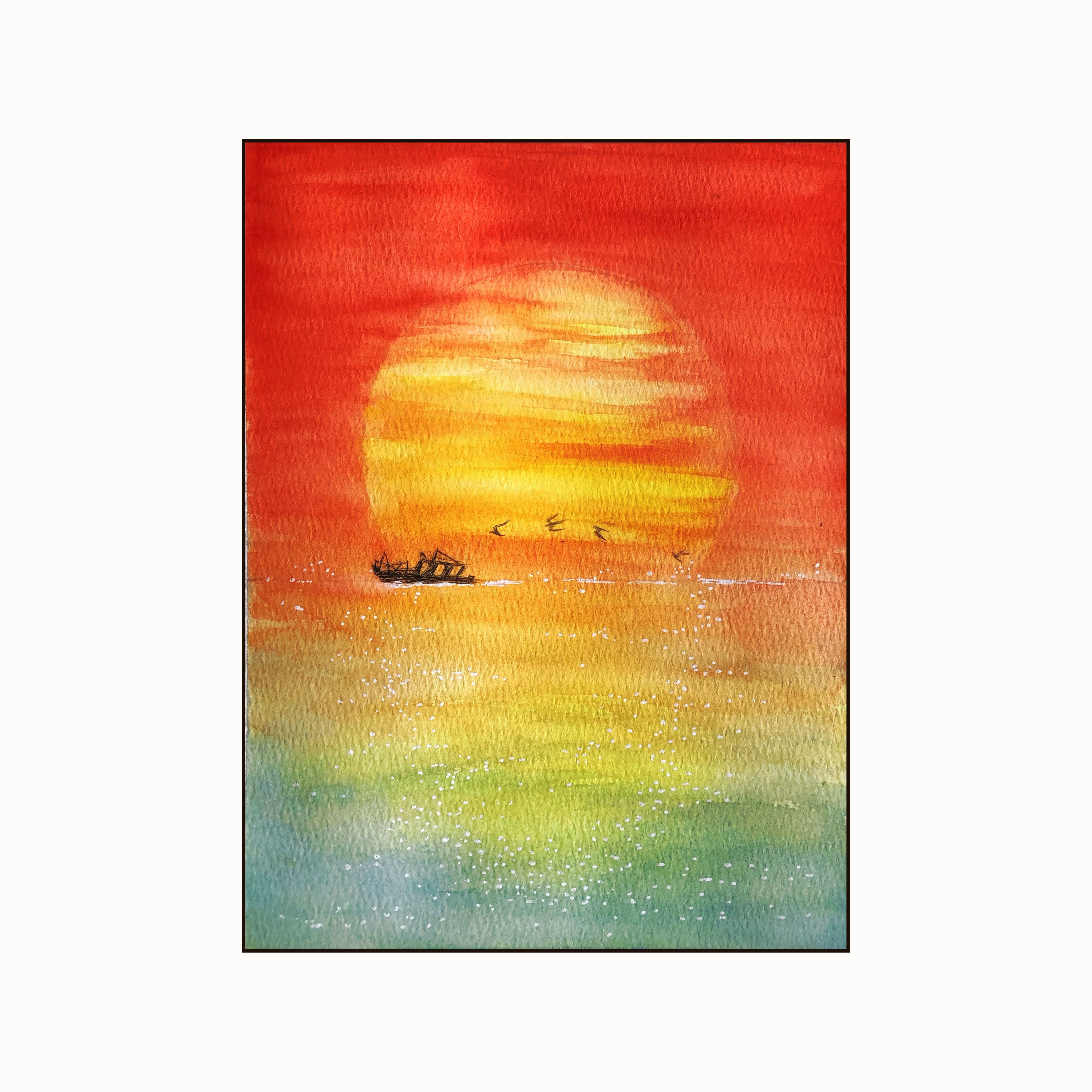 Sunset Serenity Canvas Painting – Vibrant Nature Wall Painting with Boat.
