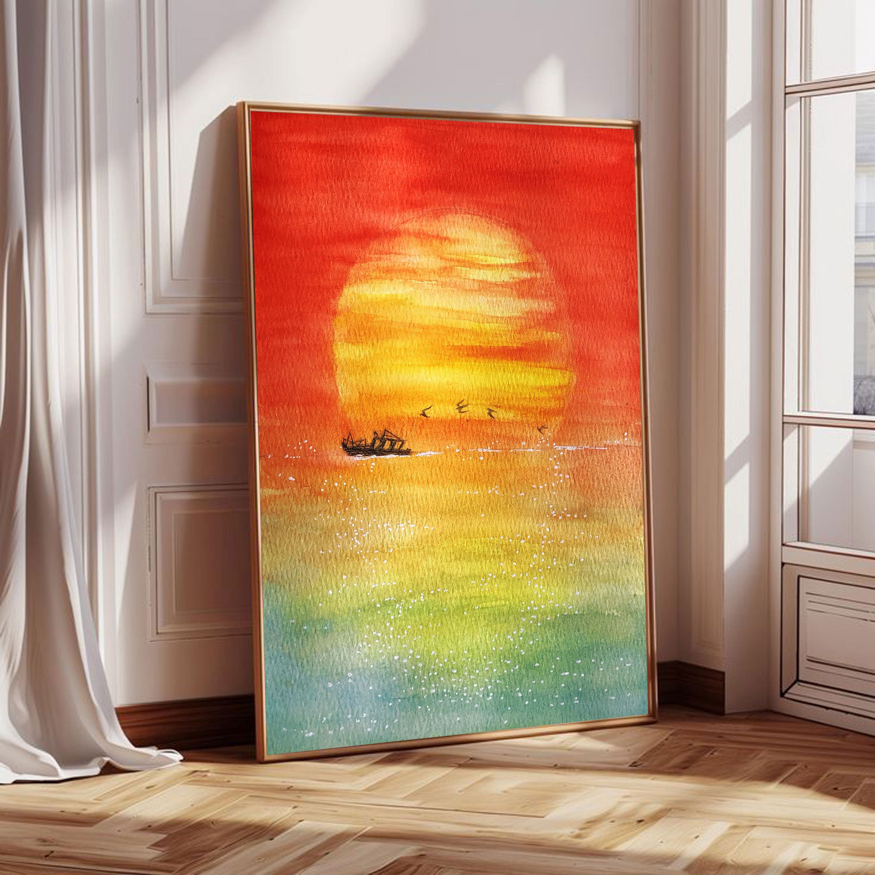 Sunset Serenity Canvas Painting – Vibrant Nature Wall Painting with Boat.