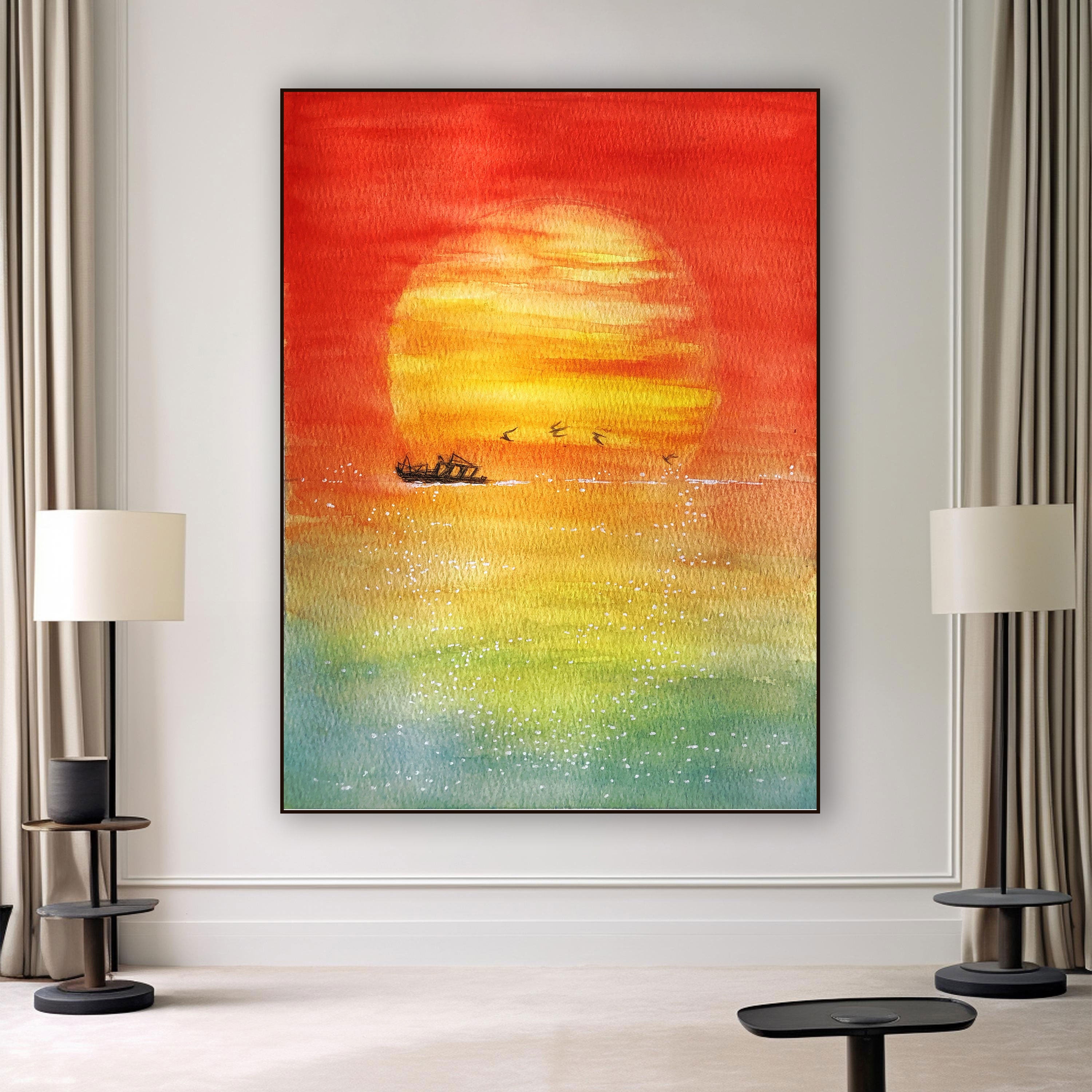 Sunset Serenity Canvas Painting – Vibrant Nature Wall Painting with Boat.