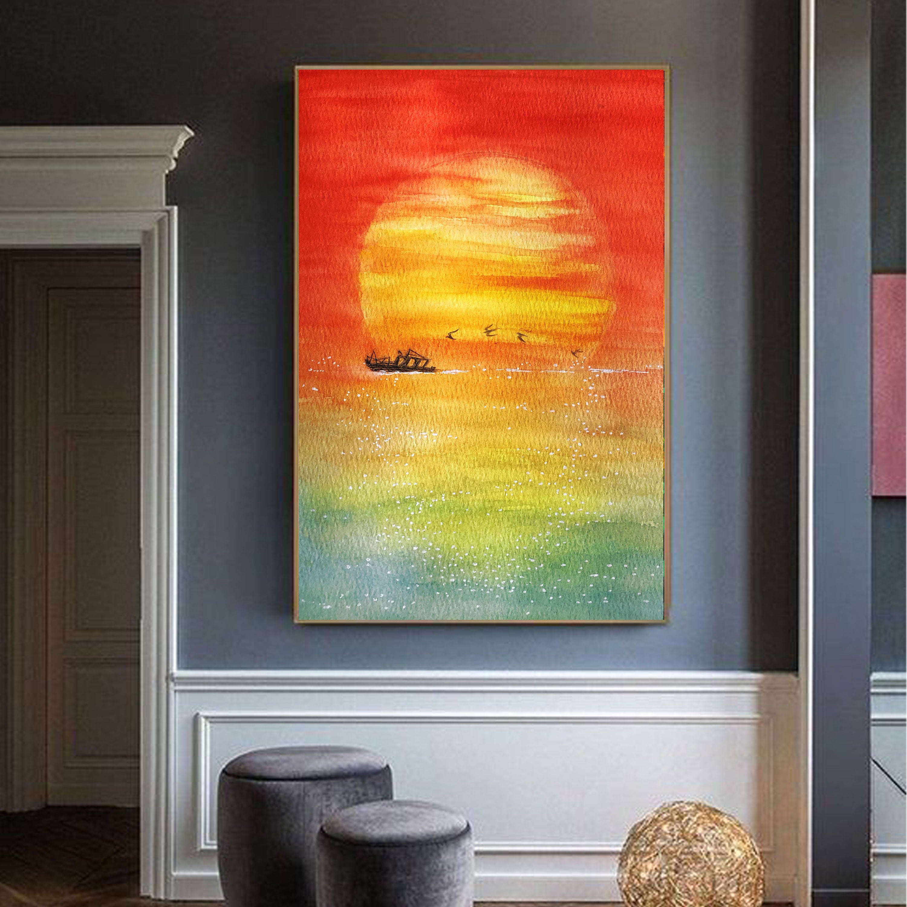 Sunset Serenity Canvas Painting – Vibrant Nature Wall Painting with Boat.