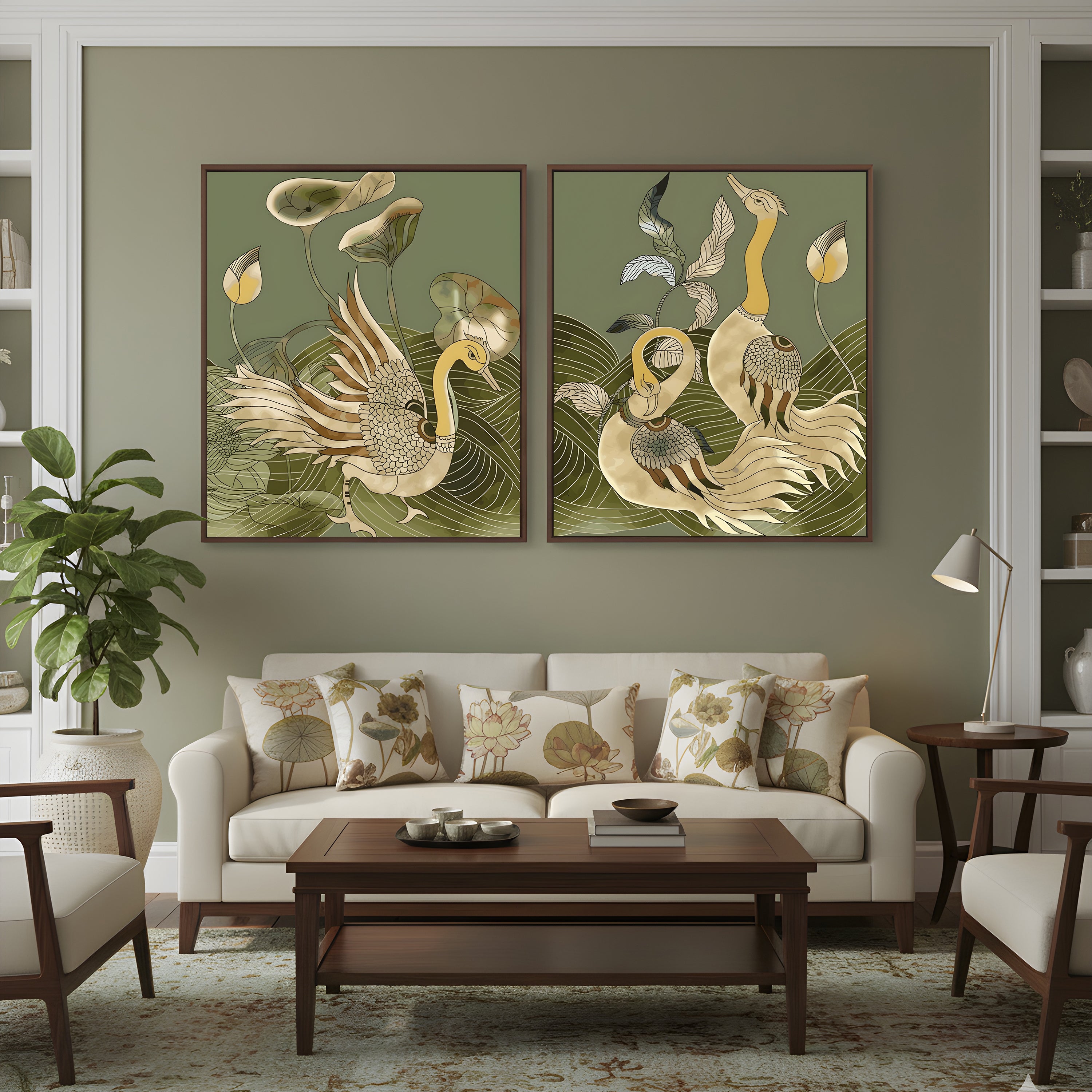 Kalamkari Peacock Pair – Art Deco Nature Wall Art, Set of 2