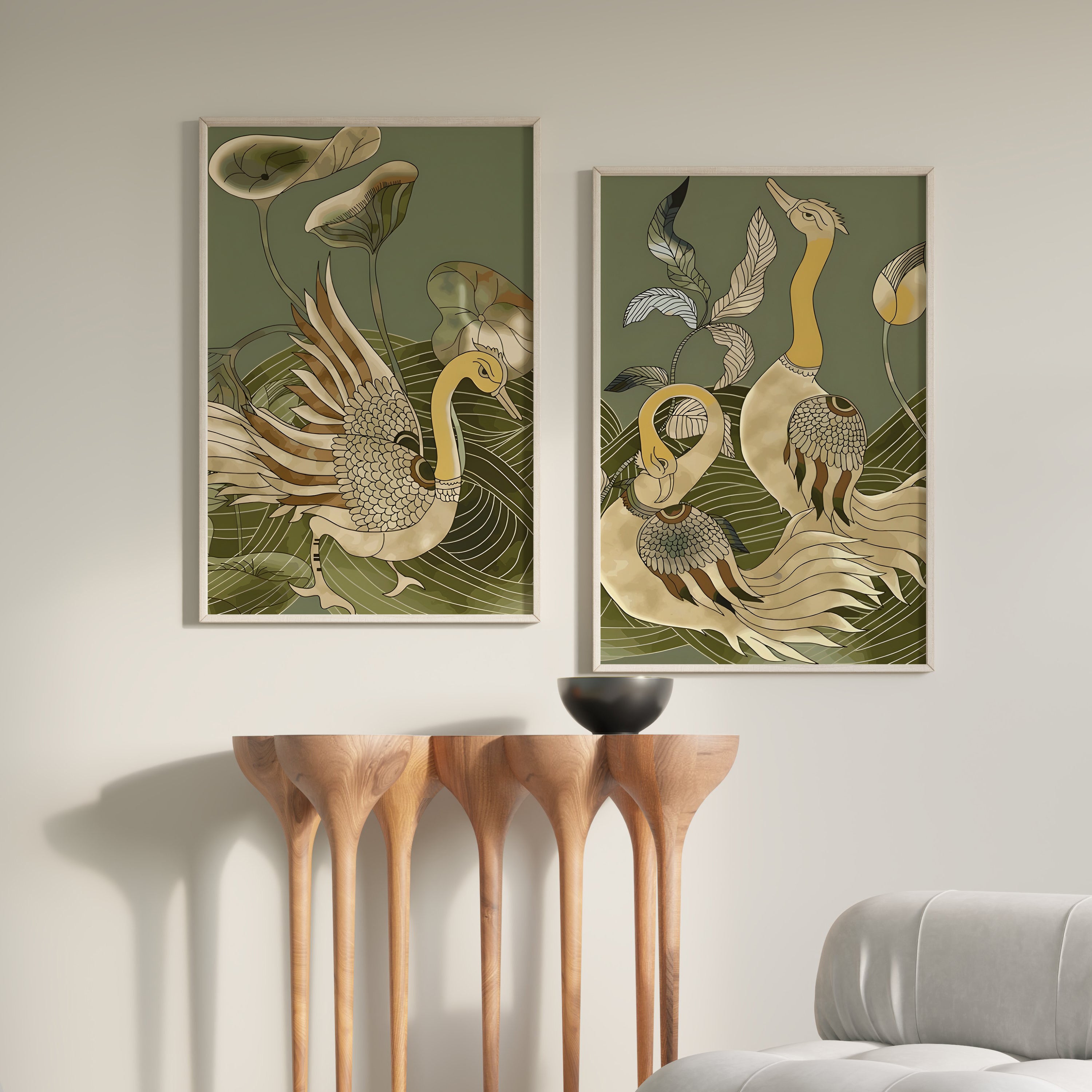 Kalamkari Peacock Pair – Art Deco Nature Wall Art, Set of 2