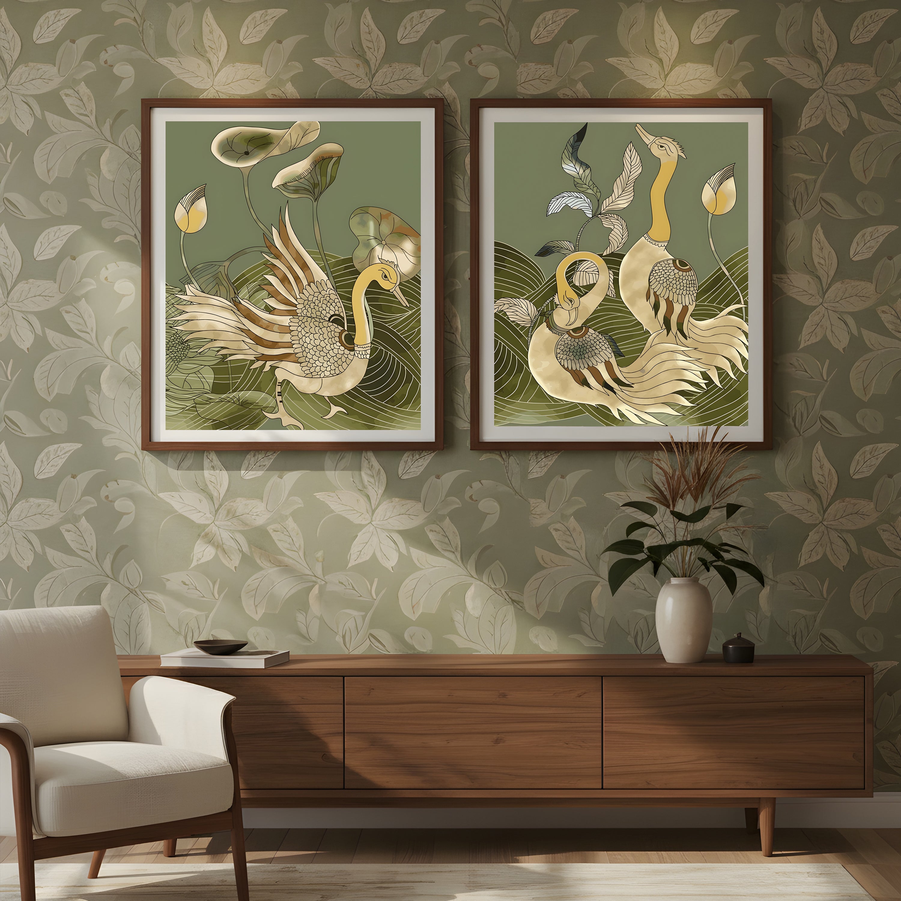 Kalamkari Peacock Pair – Art Deco Nature Wall Art, Set of 2