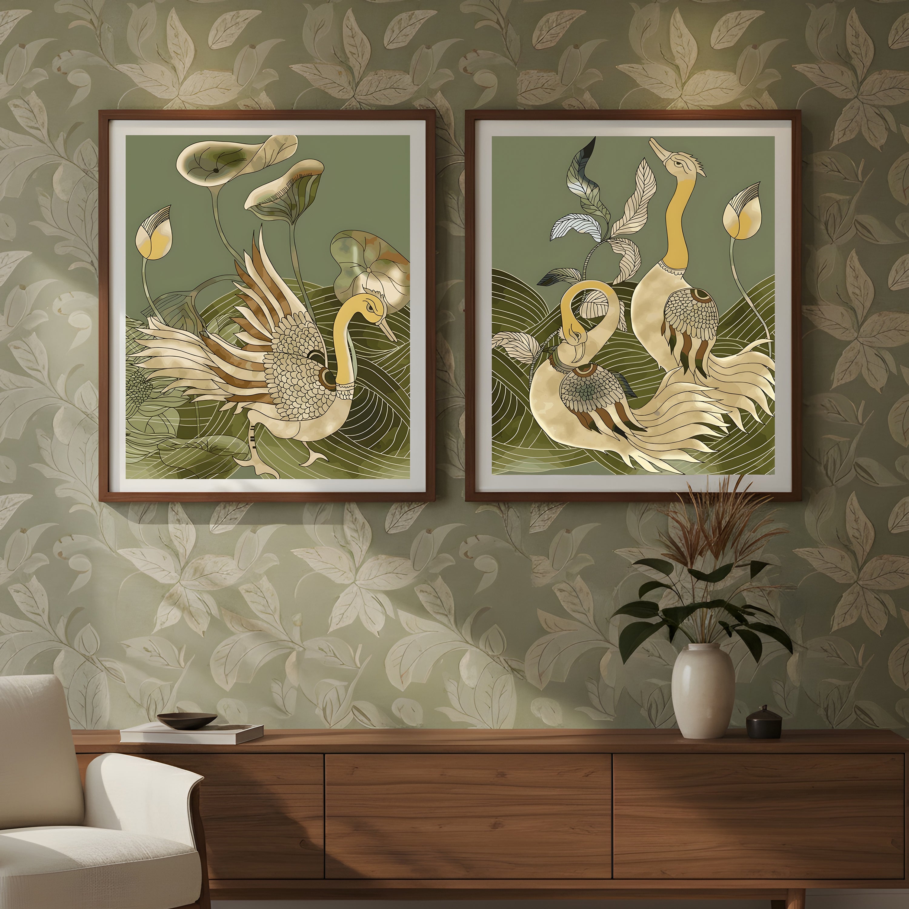 Kalamkari Peacock Pair – Art Deco Nature Wall Art, Set of 2