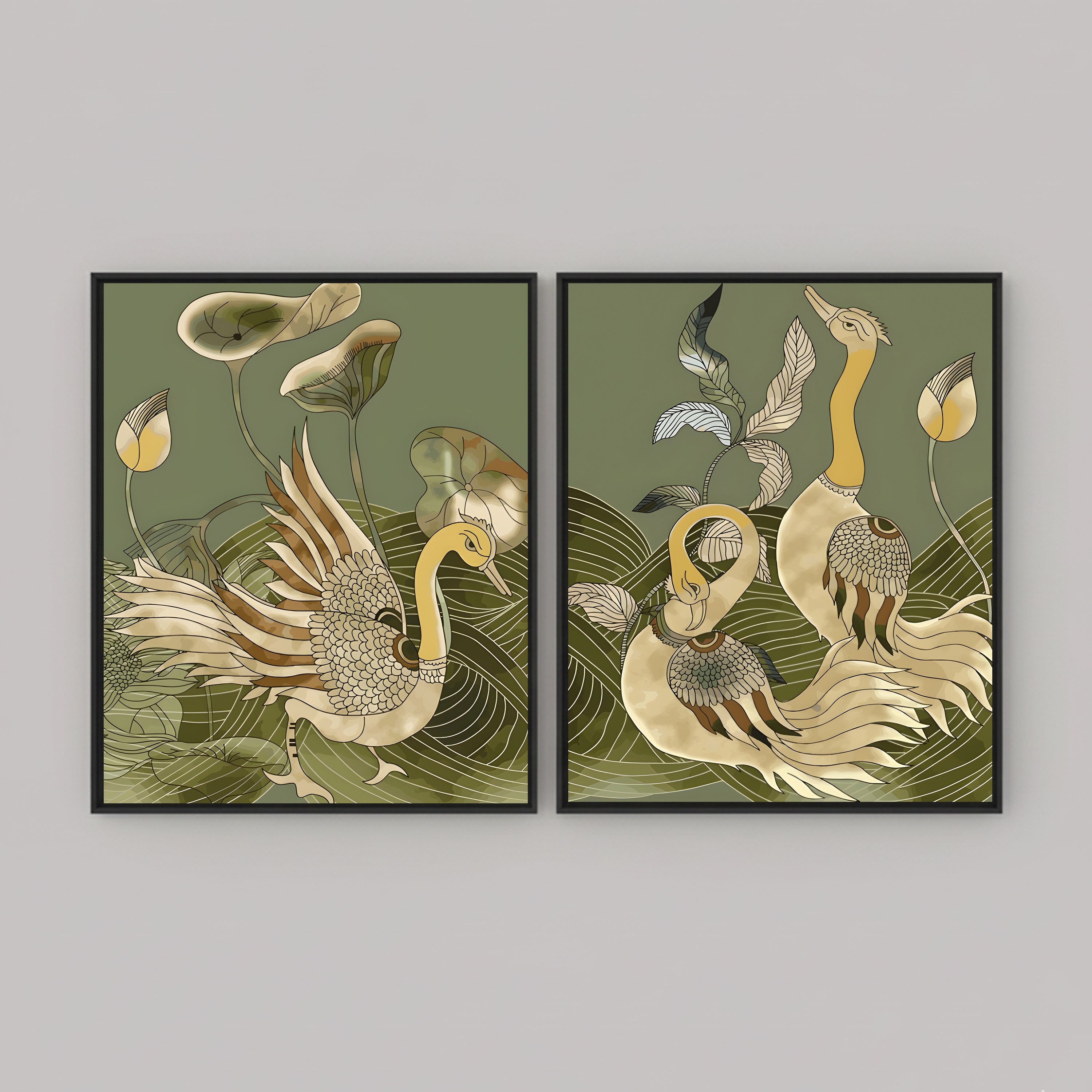 Kalamkari Peacock Pair – Art Deco Nature Wall Art, Set of 2