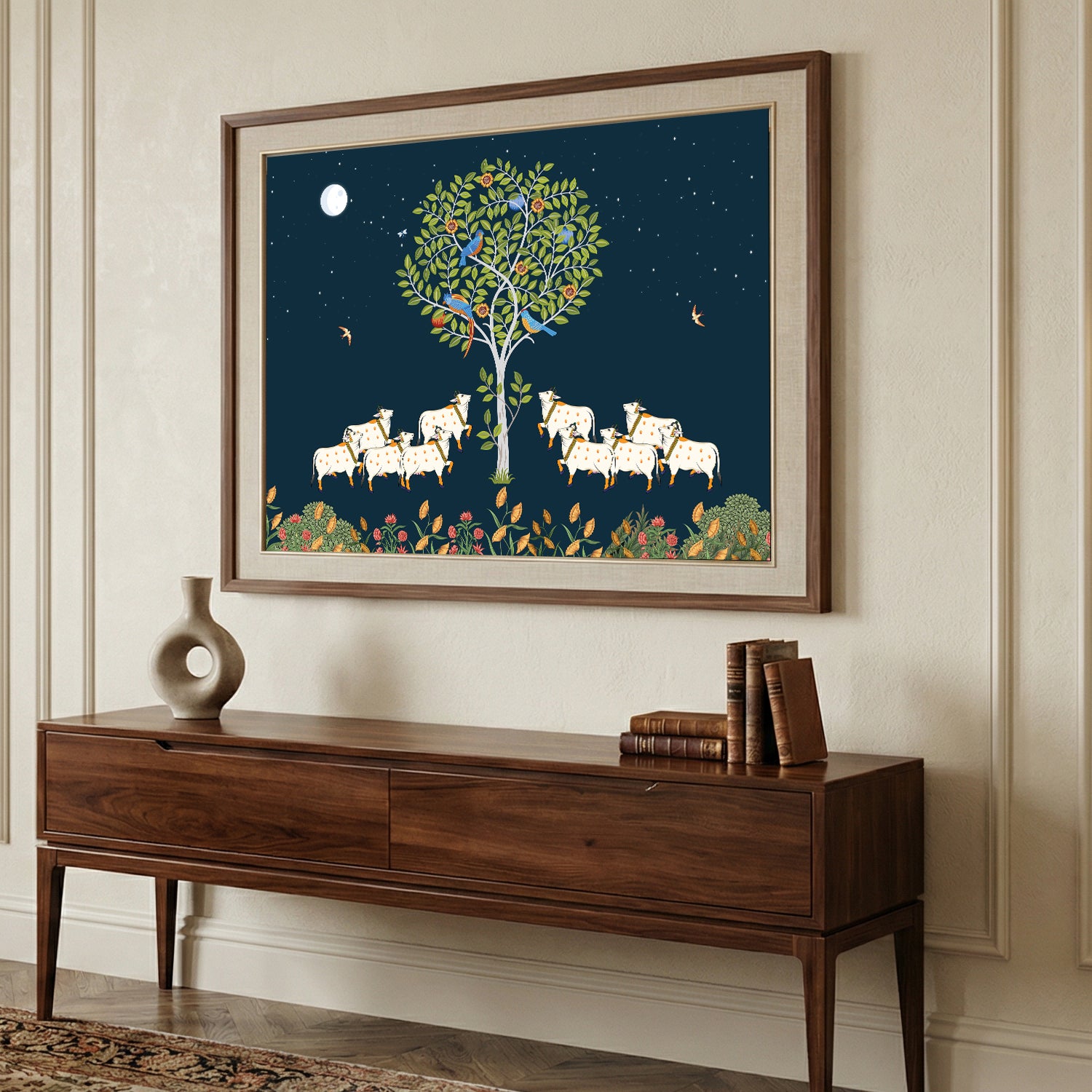 Tree of Life Cow Pichwai Painting | Traditional Indian Folk Art Wall Decor with Birds & Moon