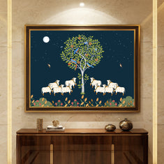 Tree of Life Cow Pichwai Painting | Traditional Indian Folk Art Wall Decor with Birds & Moon
