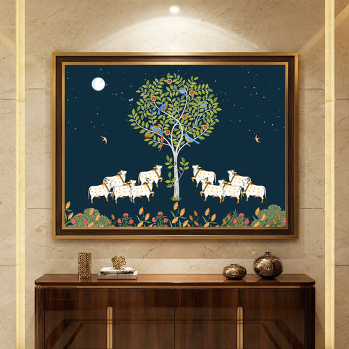 Tree of Life Cow Pichwai Painting | Traditional Indian Folk Art Wall Decor with Birds & Moon