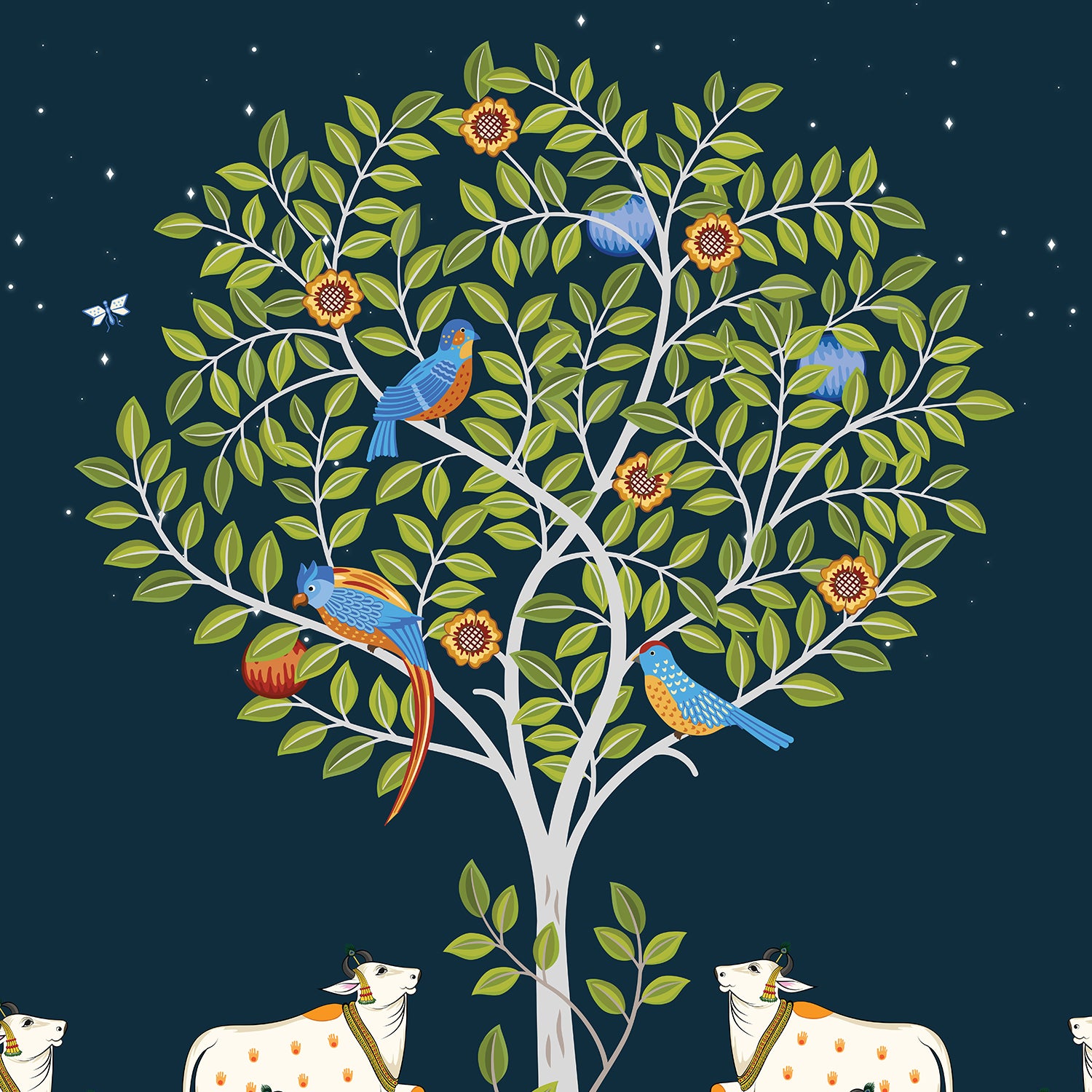 Tree of Life Cow Pichwai Painting | Traditional Indian Folk Art Wall Decor with Birds & Moon