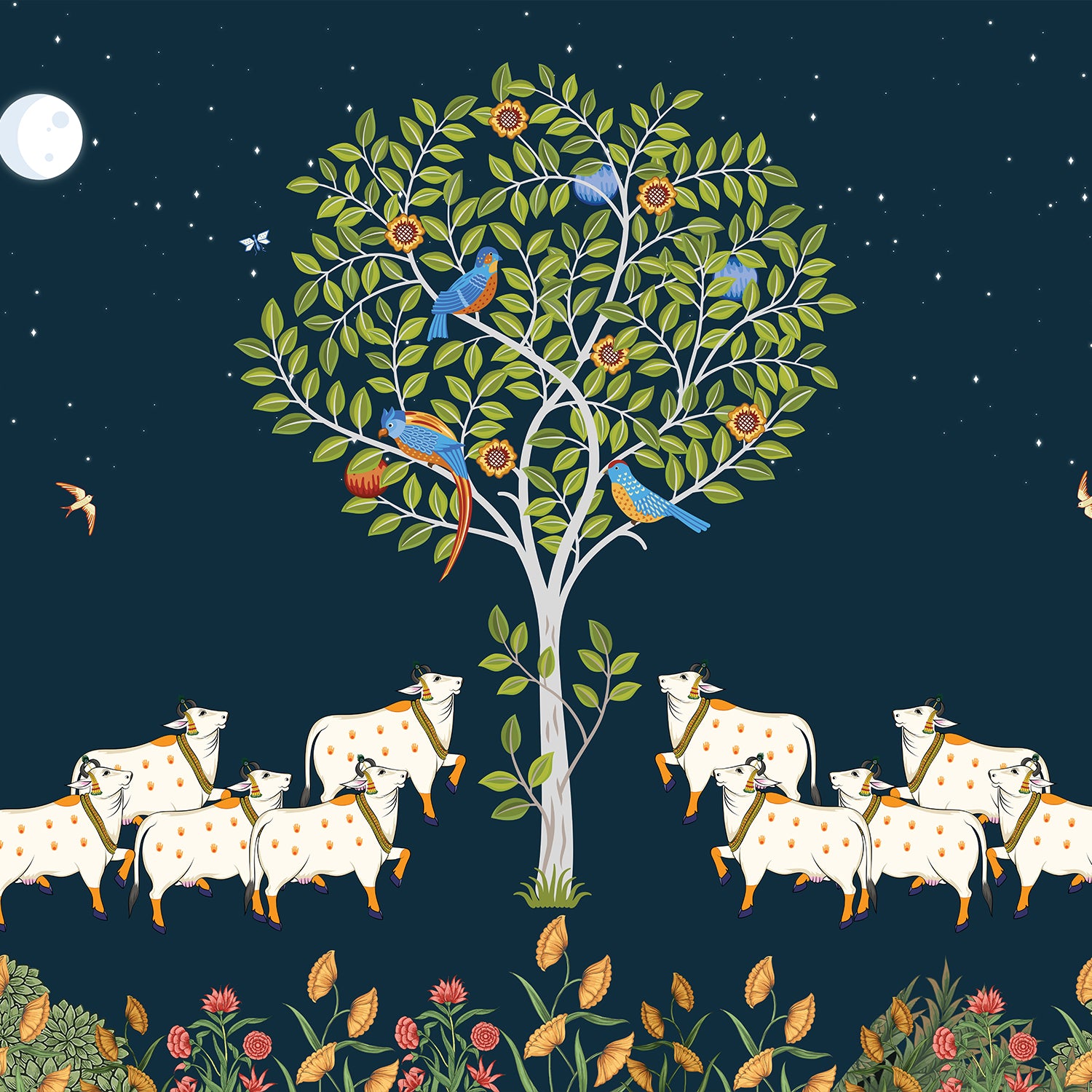 Tree of Life Cow Pichwai Painting | Traditional Indian Folk Art Wall Decor with Birds & Moon