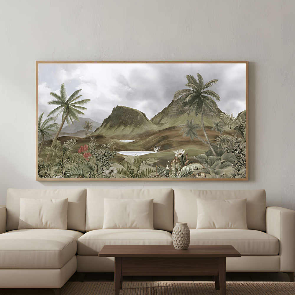 Tropical Mountain Landscape Painting by Krutik – Lush Nature Wall Art