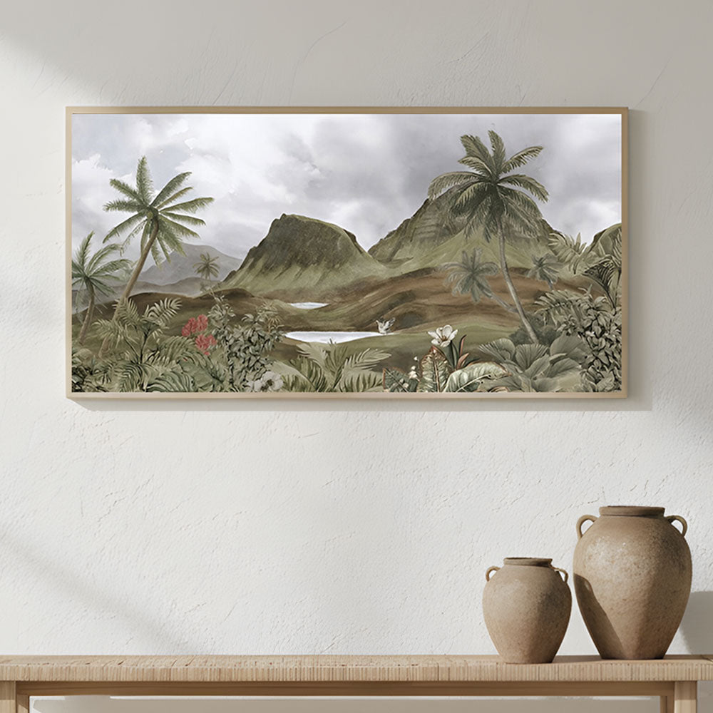 Tropical Mountain Landscape Painting by Krutik – Lush Nature Wall Art