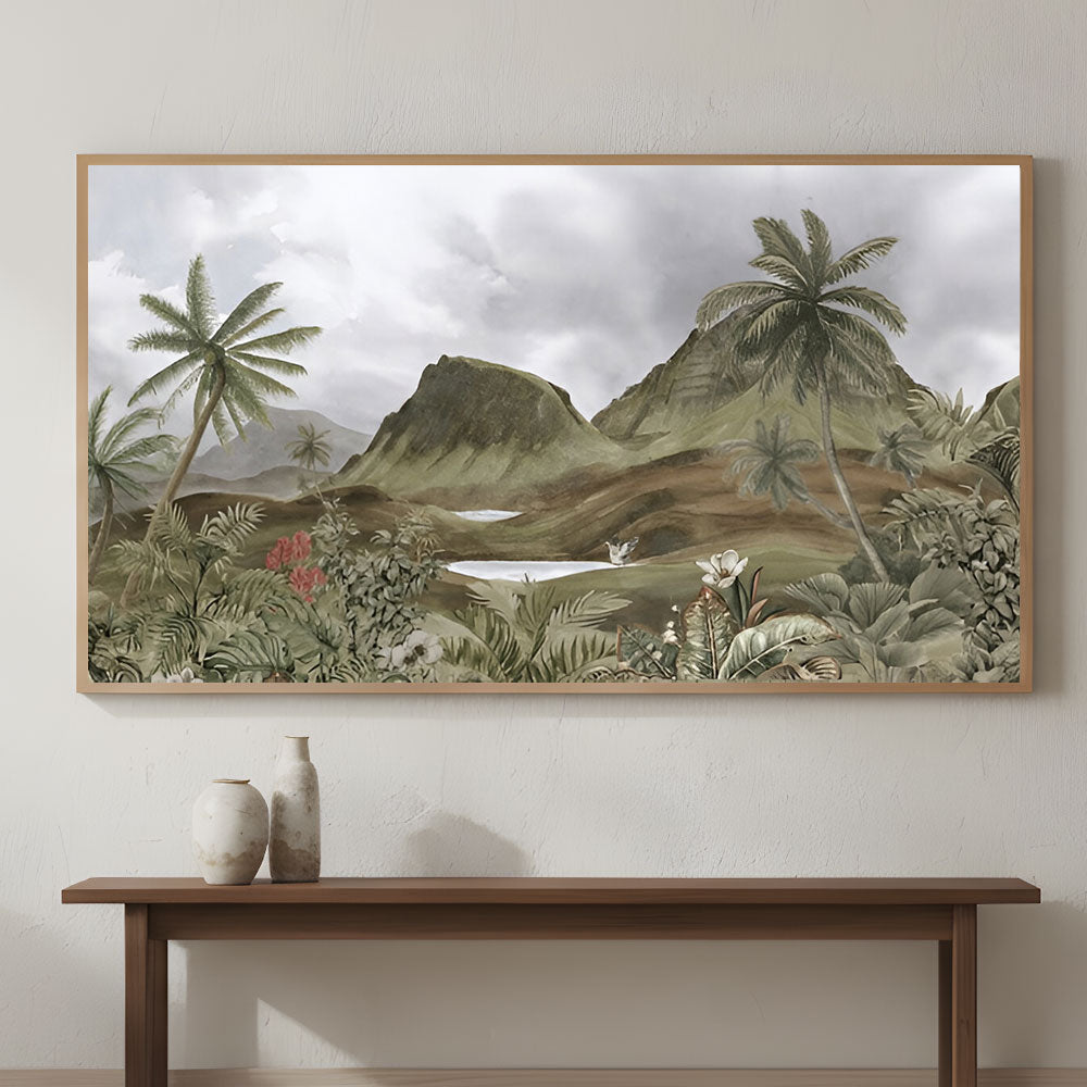 Tropical Mountain Landscape Painting by Krutik – Lush Nature Wall Art