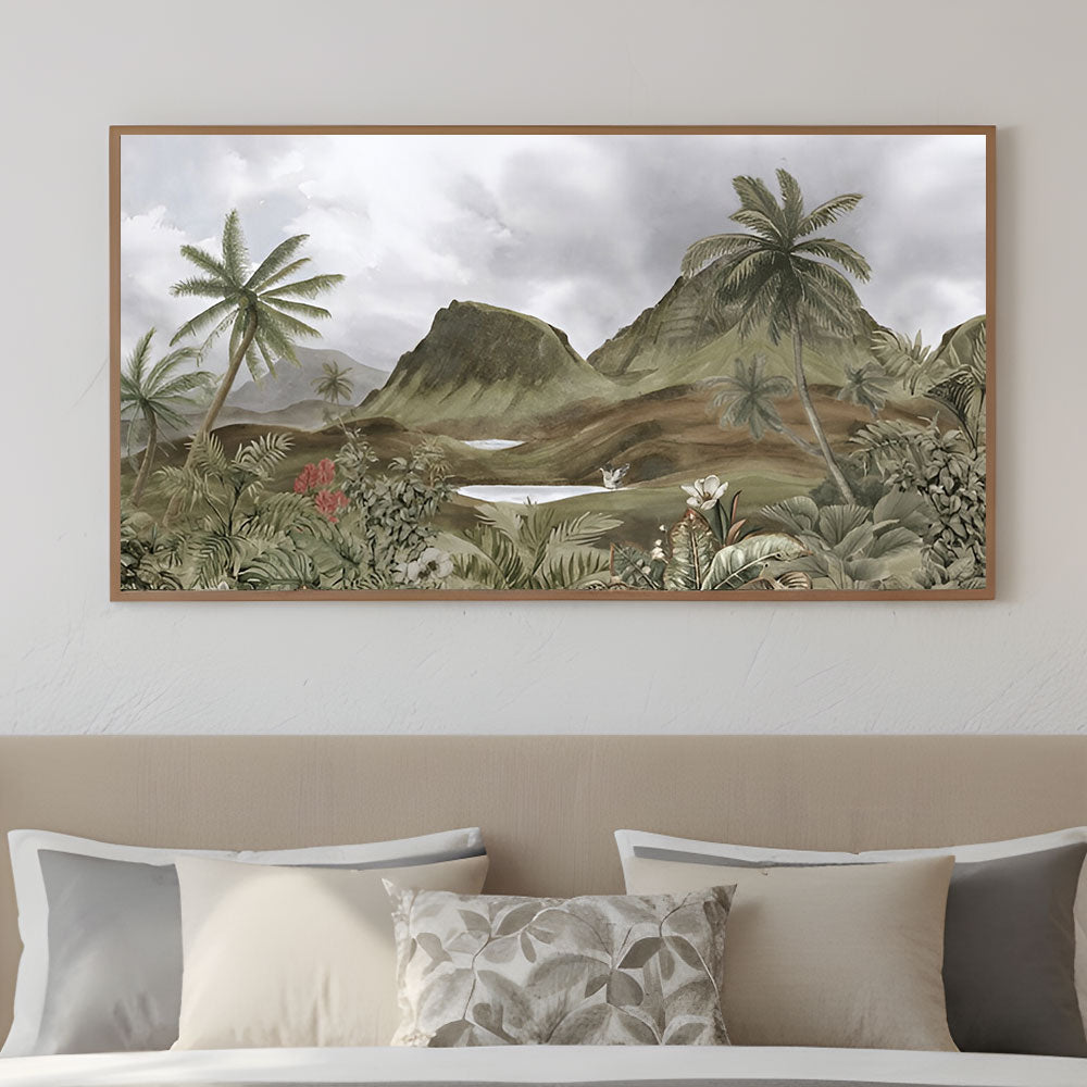Tropical Mountain Landscape Painting by Krutik – Lush Nature Wall Art