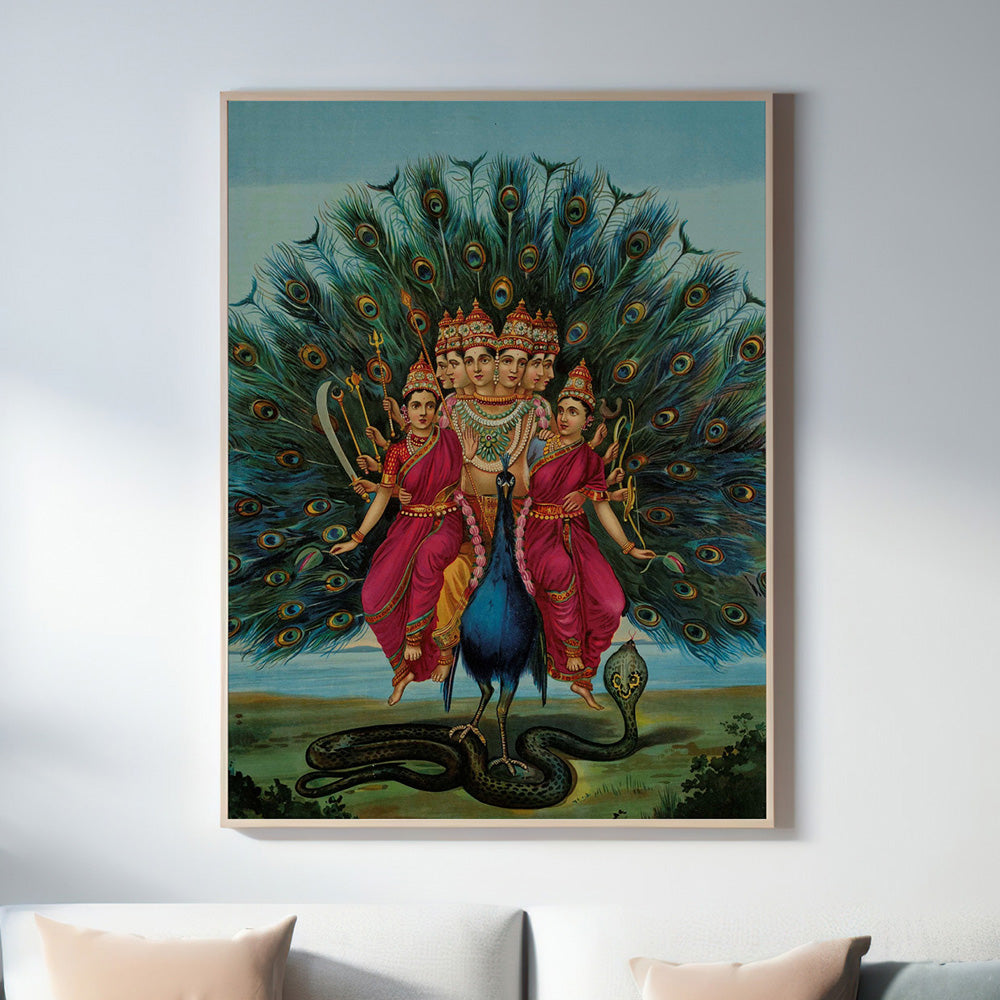 Raja Ravi Varma | Lord Kartikeya Shanmukha Wall Art Painting | Sacred Indian Wall Decor | Krutik