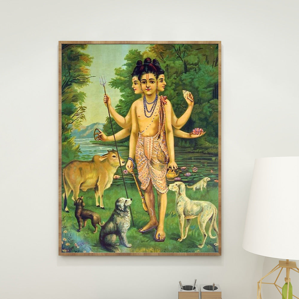 Raja Ravi Varma | Lord Dattatreya Sacred Wall Art Painting | Indian Heritage Wall Decor | Krutik