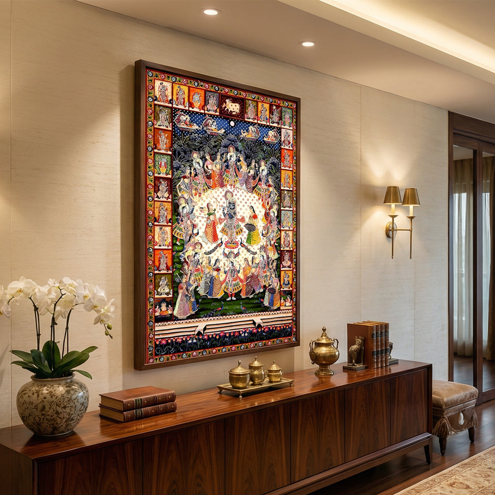 Original Handmade Krishna Raas Leela Pichwai Painting (3x4 Ft) – Shrinathji Devotional Wall Art