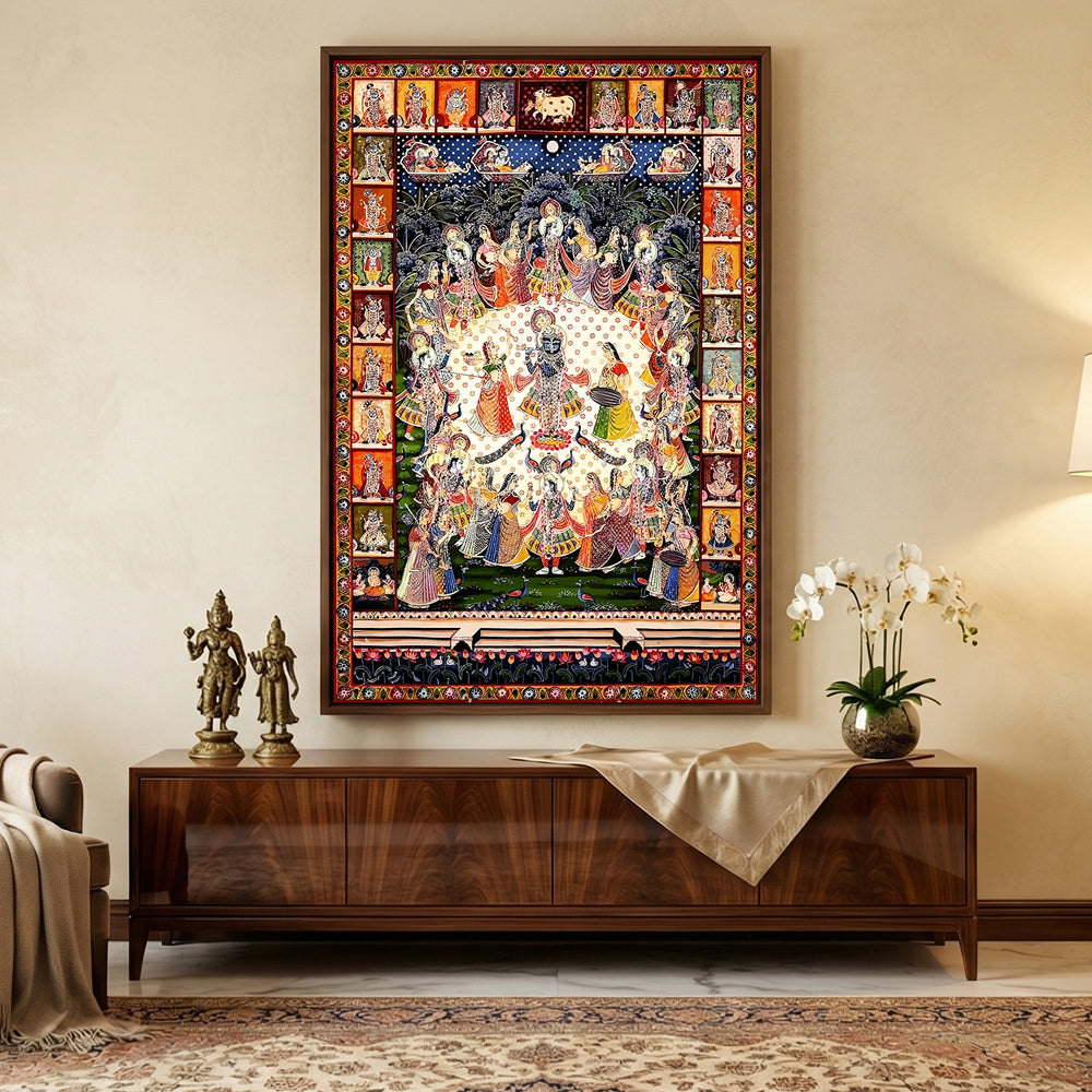Original Handmade Krishna Raas Leela Pichwai Painting (3x4 Ft) – Shrinathji Devotional Wall Art