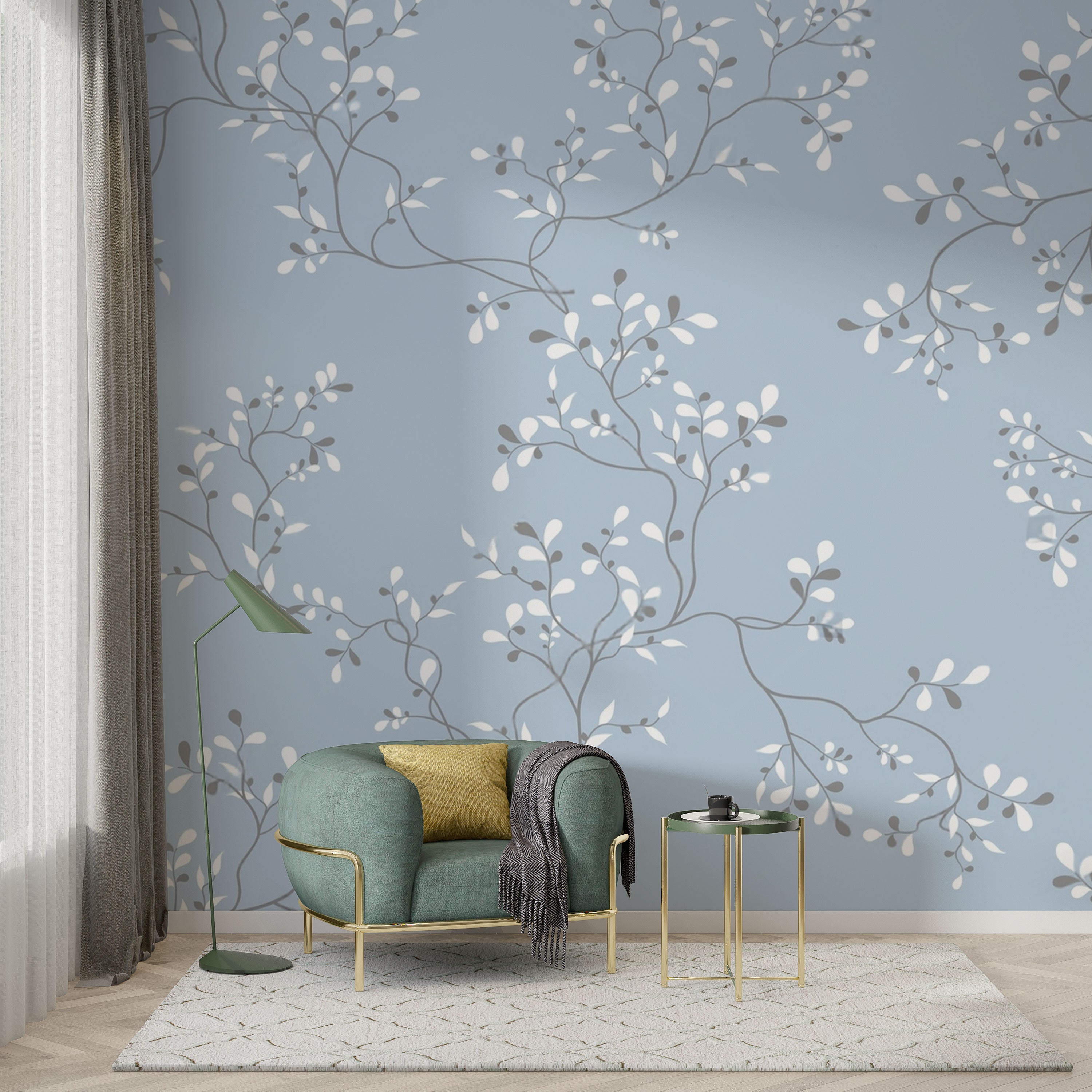 Blue Willow Whisper – Minimal Botanical Wallpaper by Krutik.