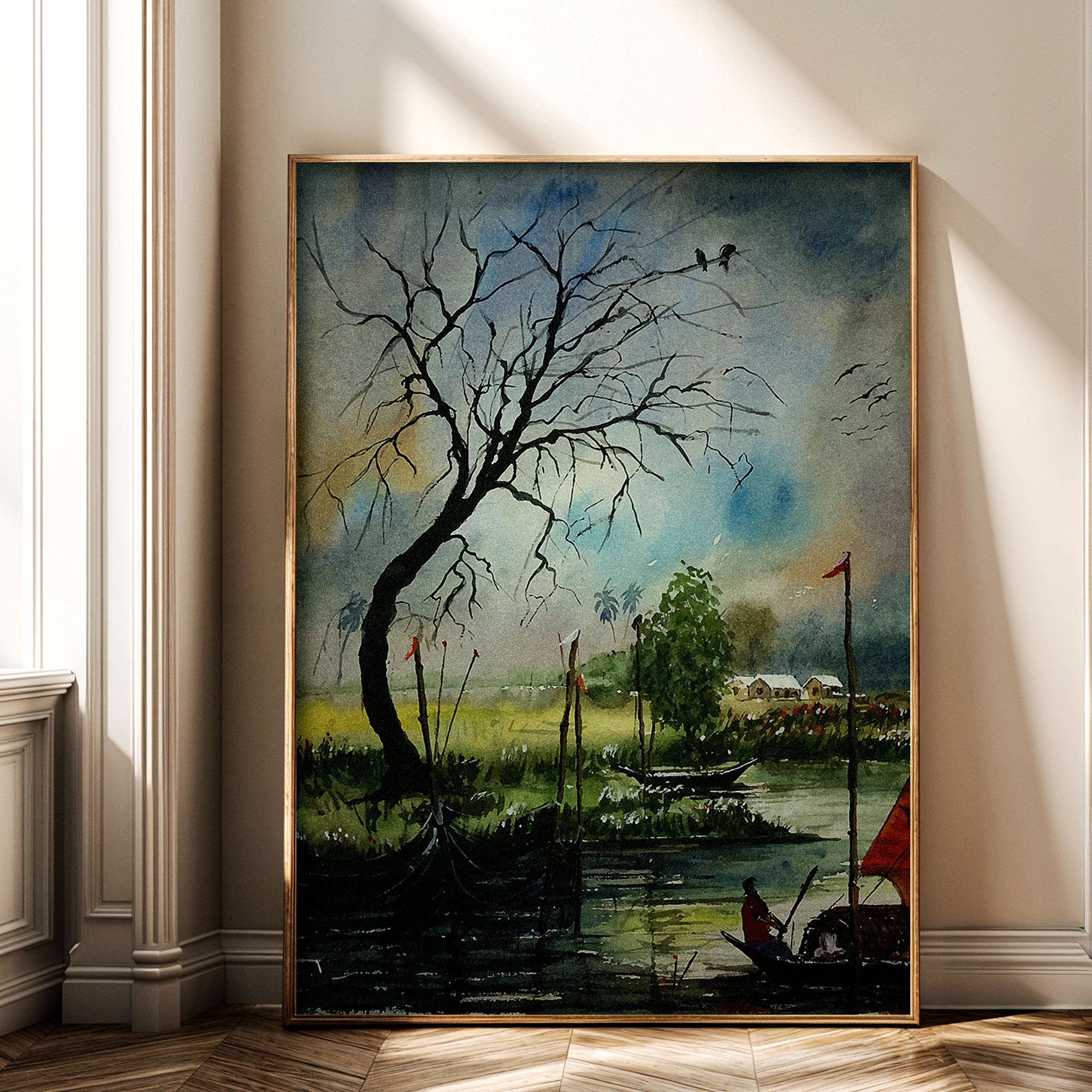 Riverside Village Watercolor Painting by Krutik – Serene Nature Wall Art