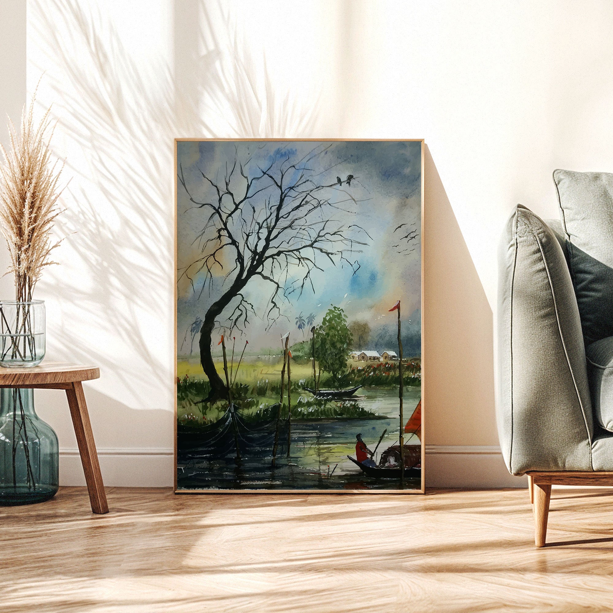 Riverside Village Watercolor Painting by Krutik – Serene Nature Wall Art