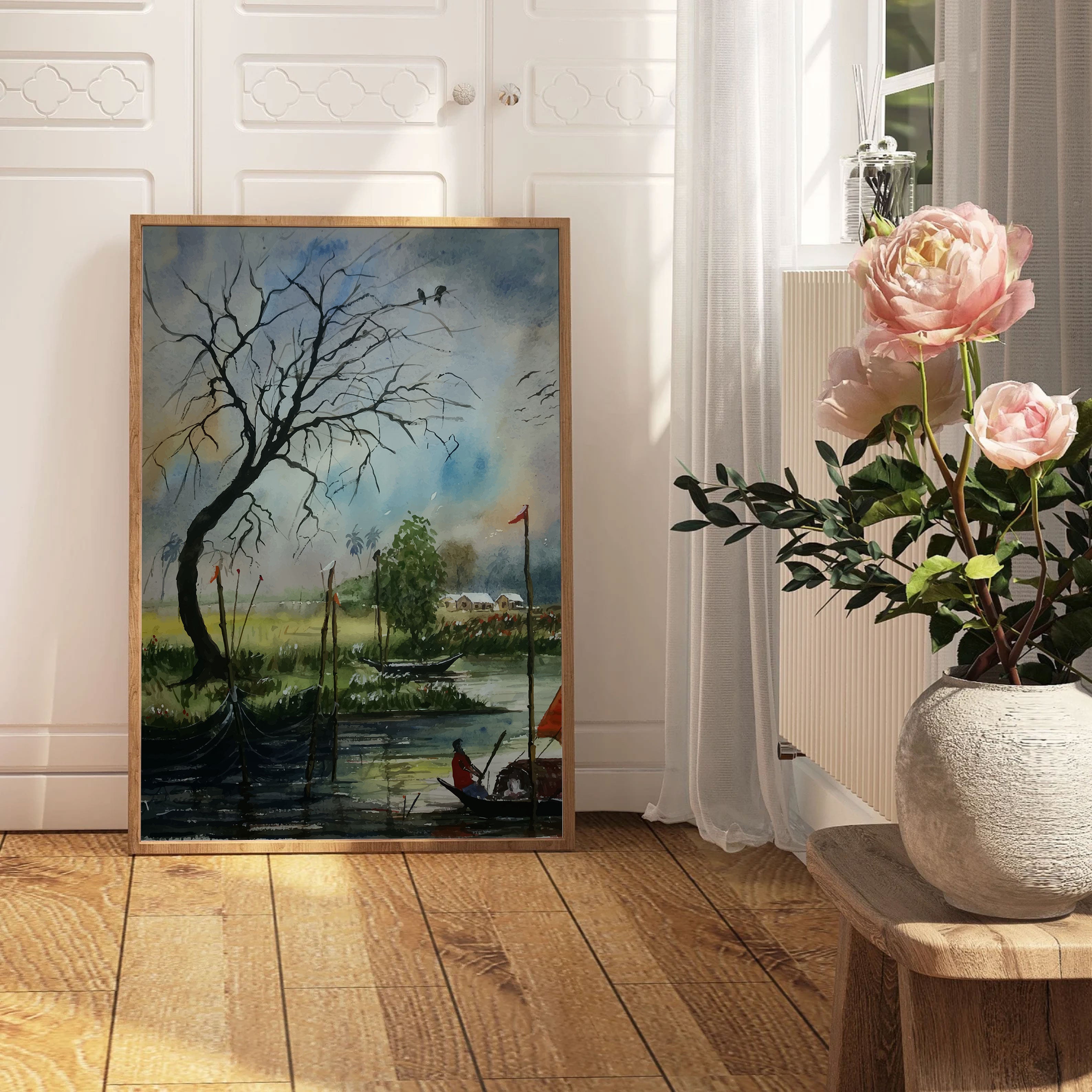 Riverside Village Watercolor Painting by Krutik – Serene Nature Wall Art