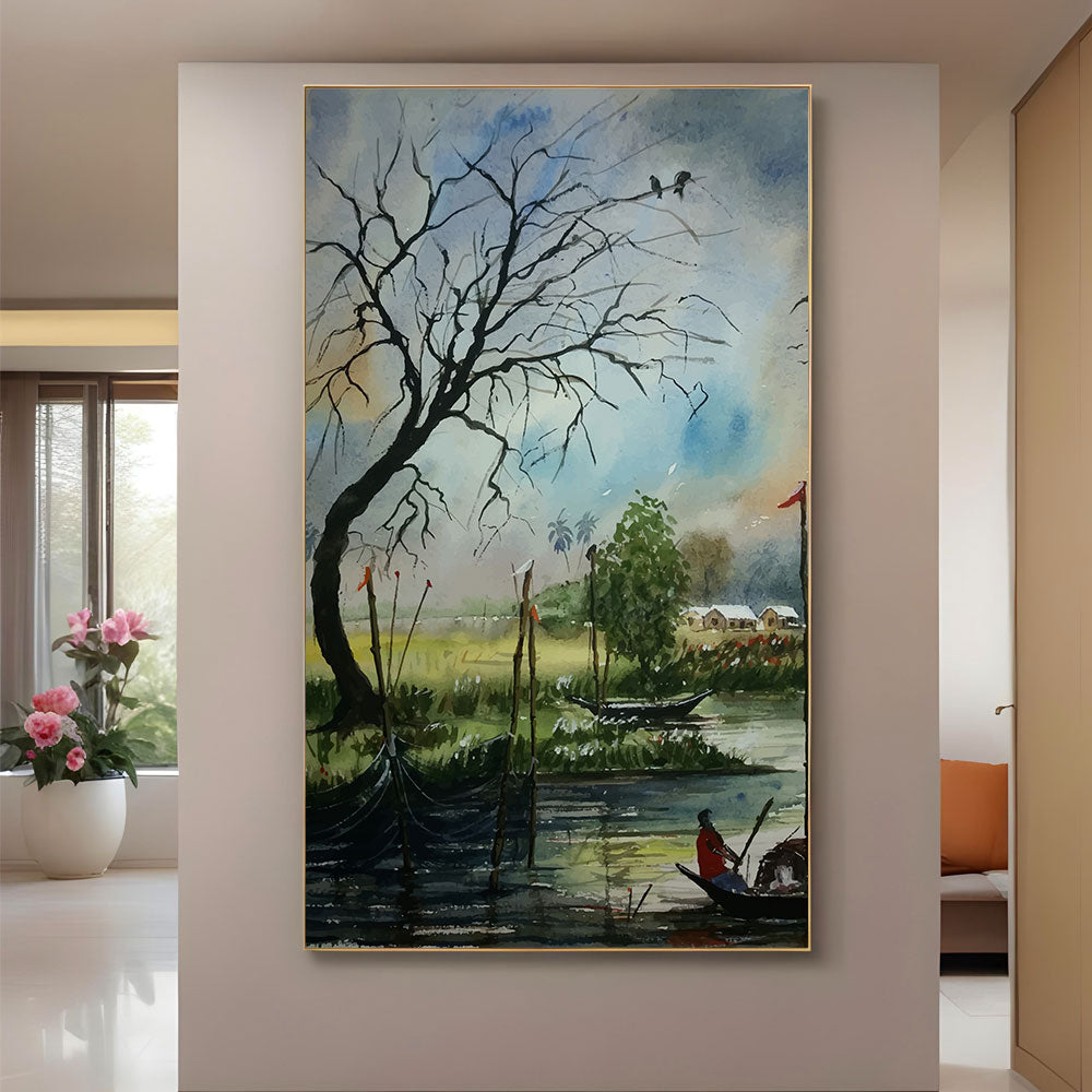 Riverside Village Watercolor Painting by Krutik – Serene Nature Wall Art