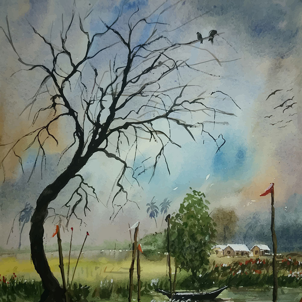 Riverside Village Watercolor Painting by Krutik – Serene Nature Wall Art