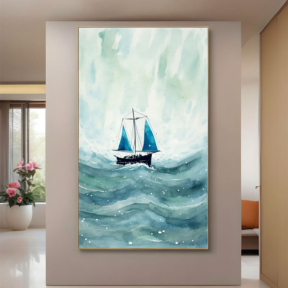 Blue Sailboat Watercolor Painting by Krutik – Nautical Wall Art