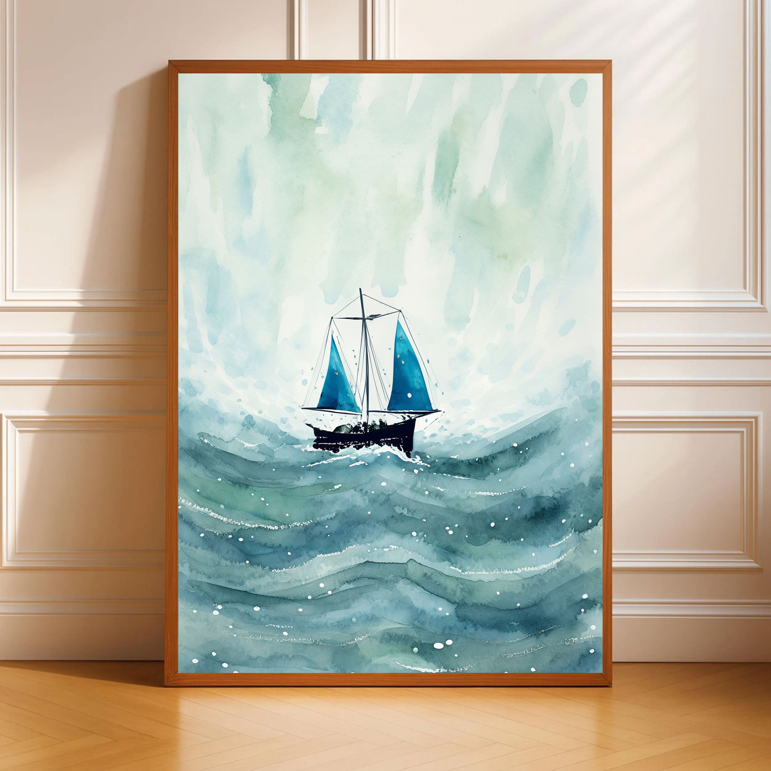 Blue Sailboat Watercolor Painting by Krutik – Nautical Wall Art