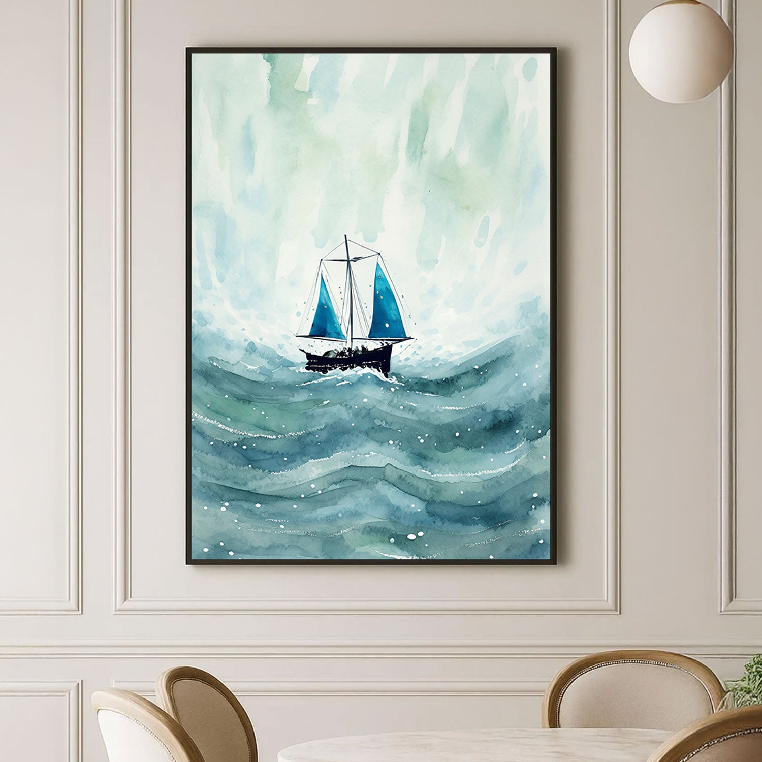 Blue Sailboat Watercolor Painting by Krutik – Nautical Wall Art