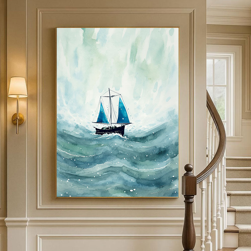 Blue Sailboat Watercolor Painting by Krutik – Nautical Wall Art