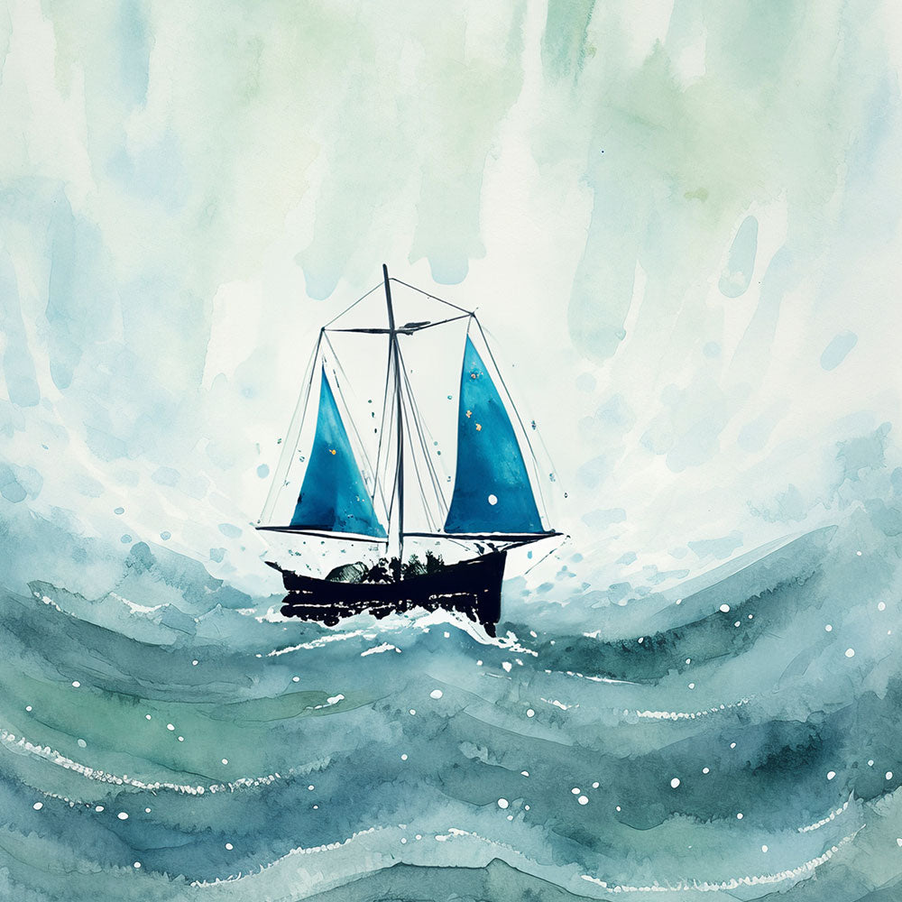 Blue Sailboat Watercolor Painting by Krutik – Nautical Wall Art