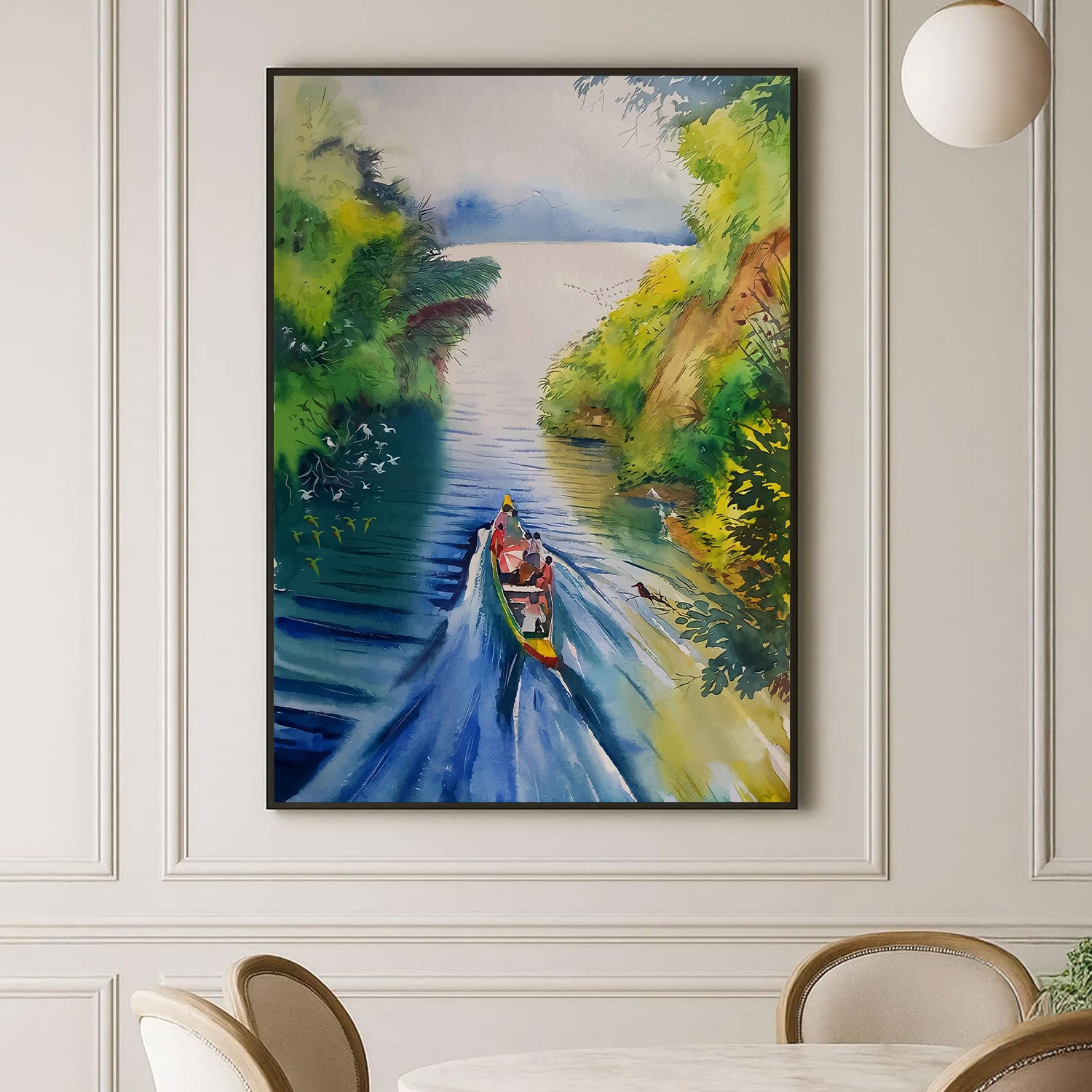 Vibrant Tropical River Watercolor Painting by Krutik – Scenic Nature Wall Art