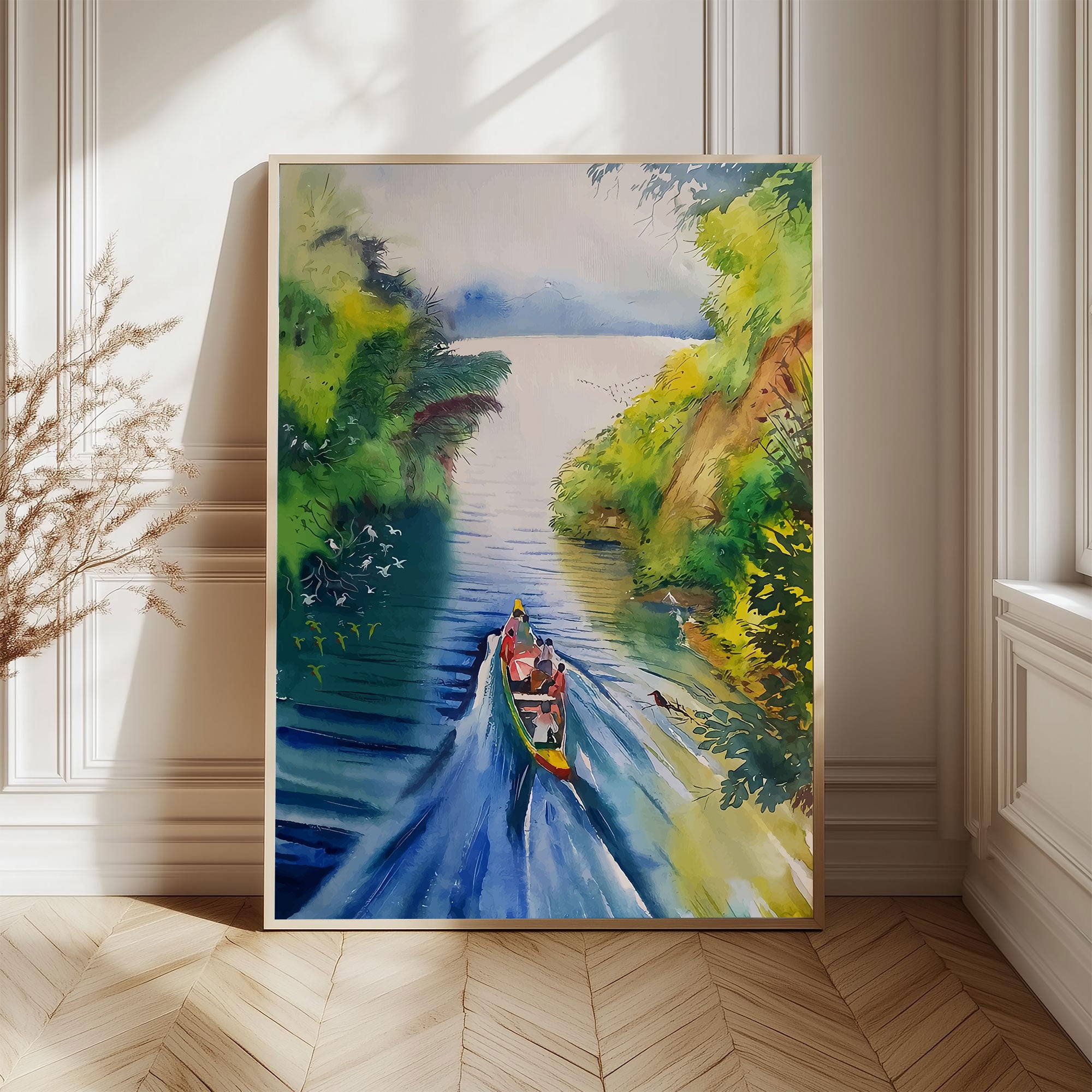 Vibrant Tropical River Watercolor Painting by Krutik – Scenic Nature Wall Art
