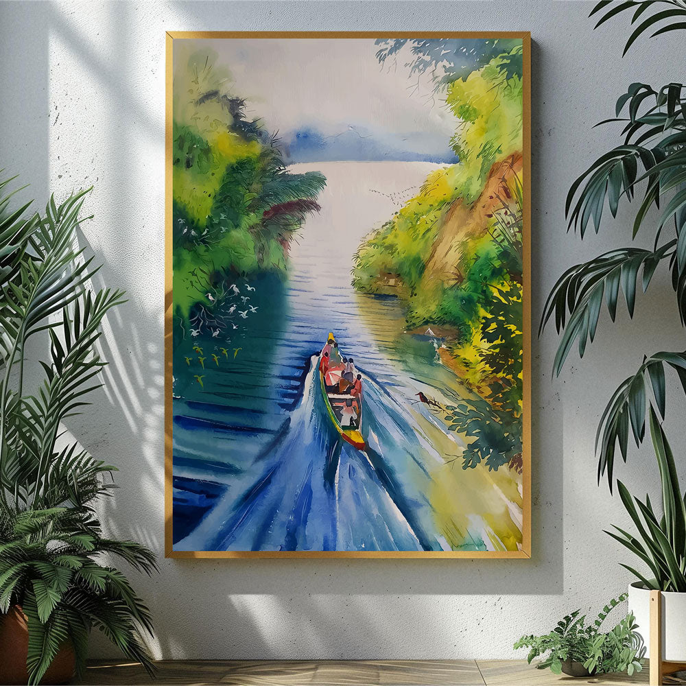 Vibrant Tropical River Watercolor Painting by Krutik – Scenic Nature Wall Art