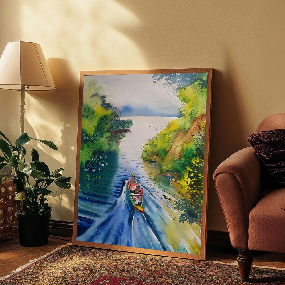 Vibrant Tropical River Watercolor Painting by Krutik – Scenic Nature Wall Art