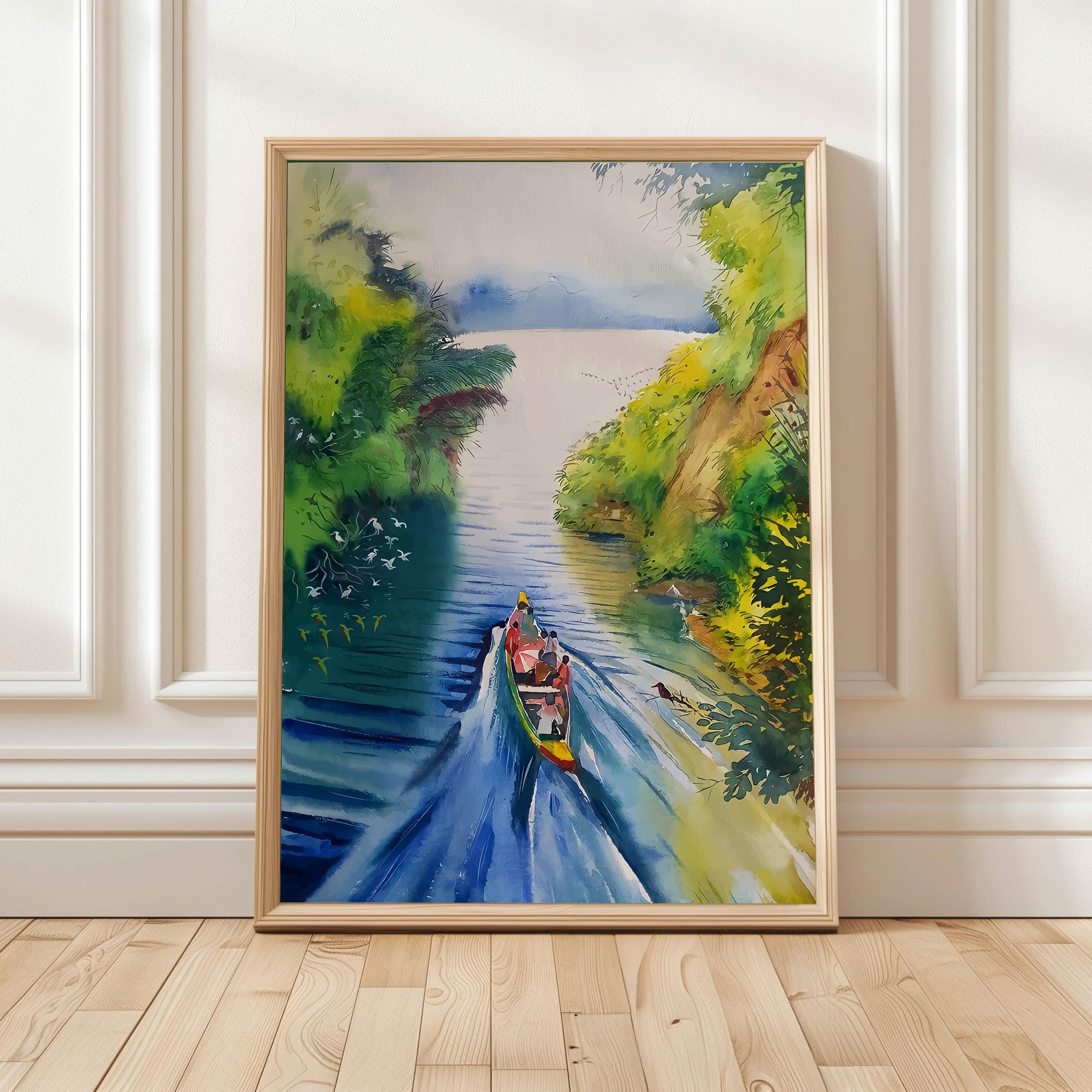 Vibrant Tropical River Watercolor Painting by Krutik – Scenic Nature Wall Art