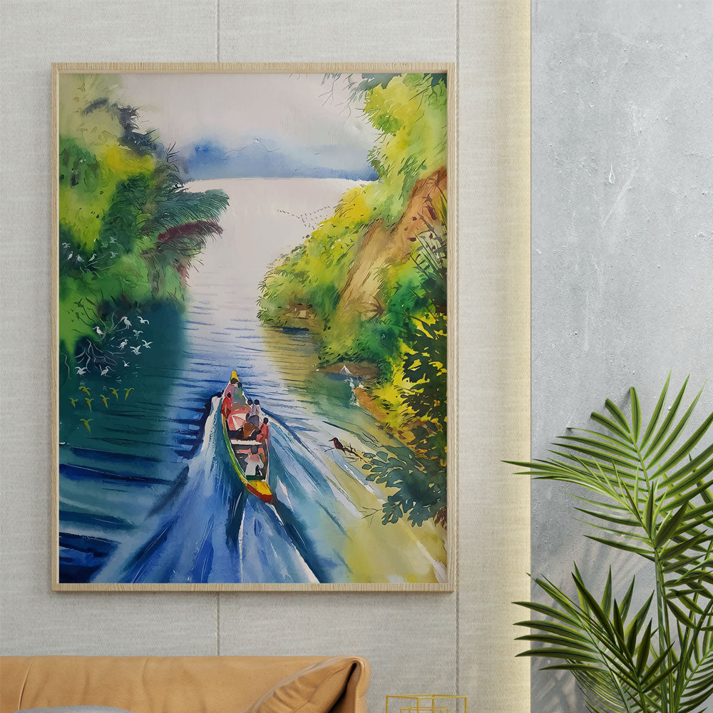 Vibrant Tropical River Watercolor Painting by Krutik – Scenic Nature Wall Art