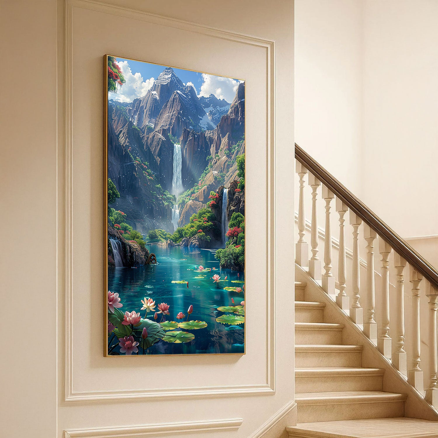 Majestic Mountain Waterfall and Lotus Pond Painting by Krutik – Dreamy Nature Landscape Art